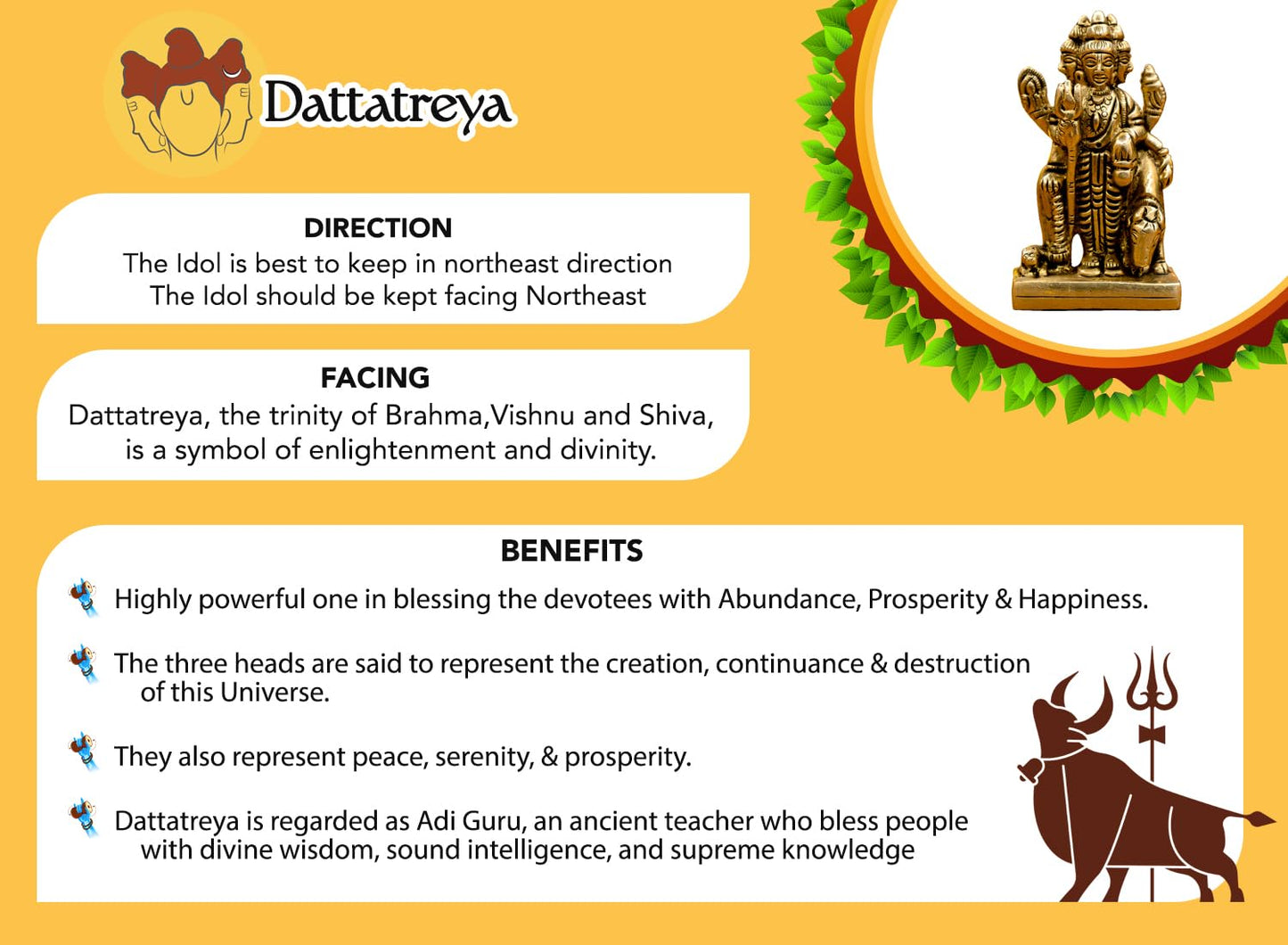 Ekhasa 100% Pure Brass Dattatreya Murti (Size: 7.5 cm) | Dattatreya Idol for Puja, Study Table, Pooja Room & Home Decor | Statue of Lord Dattatreya for Spiritual Enrichment | Datta Murti Sculpture