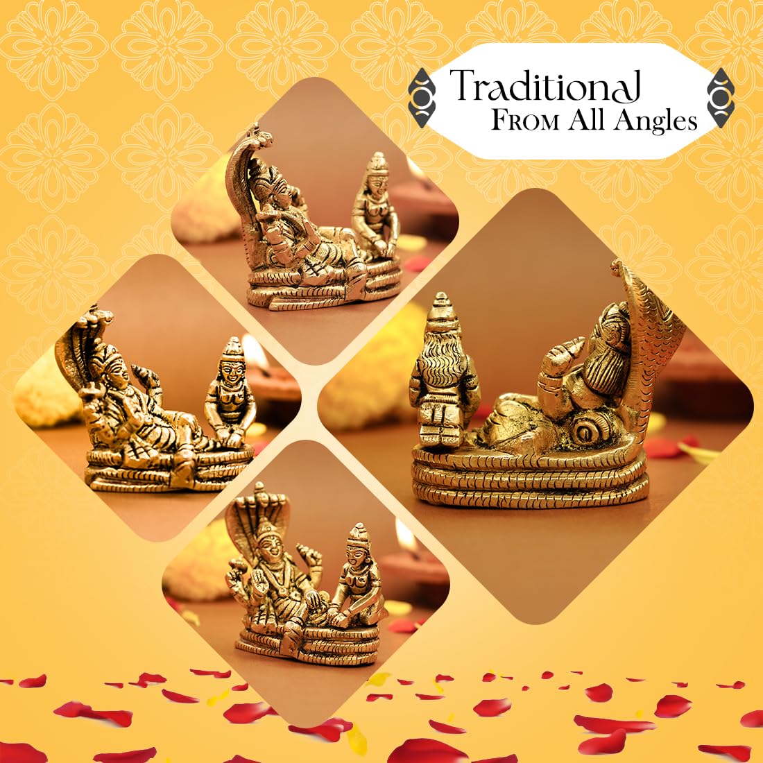 Brass Vishnu Laxmi Murti on Sheshnag - Traditional Gold Idol for Puja | 7 cm | Decorative Accessory