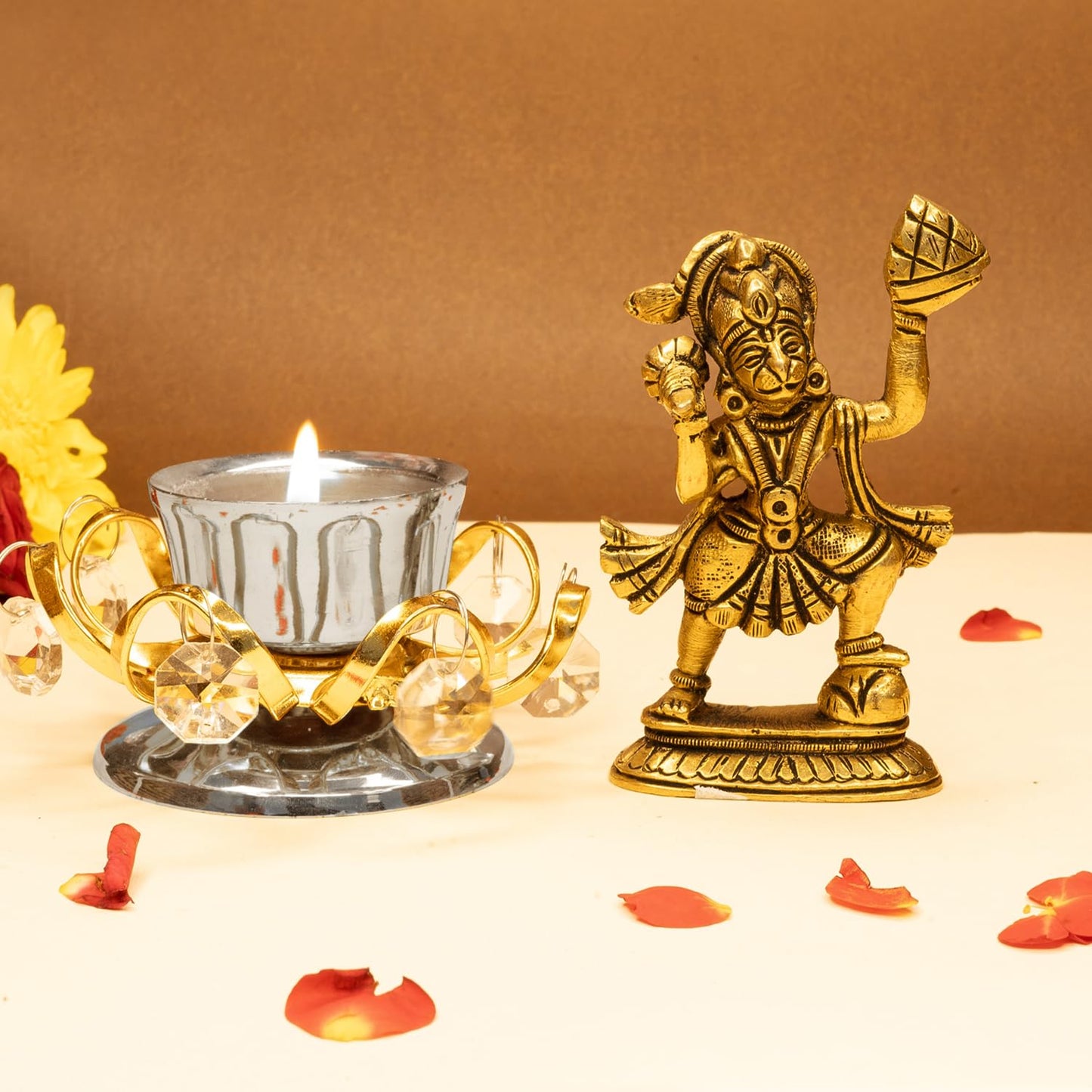 Ekhasa 100% Pure Brass Hanuman Ji Murti and Tealight Candle Holder for Home Puja (Size: 8.4 cm) | Lord Hanuman Idol for Desk, Car and Home Decor | Bajrangbali Murti | Bahubali Hanuman Idol (Combo Set)