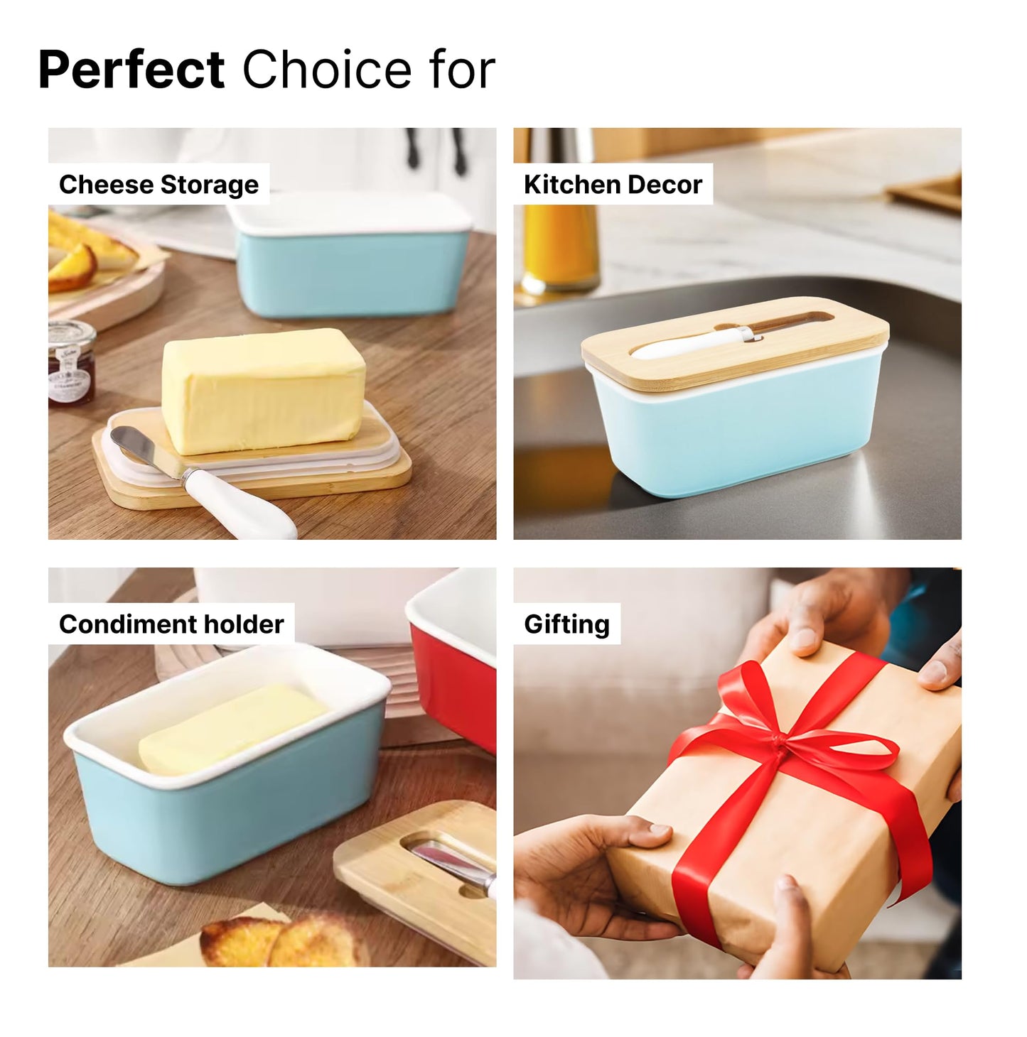 UMAI Ceramic Butter Dish with Lid & Knife (600ml) | Butter/Cheese Box for Fridge | Wooden Airtight Lid with Sealed Silicone Ring | Butter Container | Butter Holder/Case (Blue, Pack of 1)