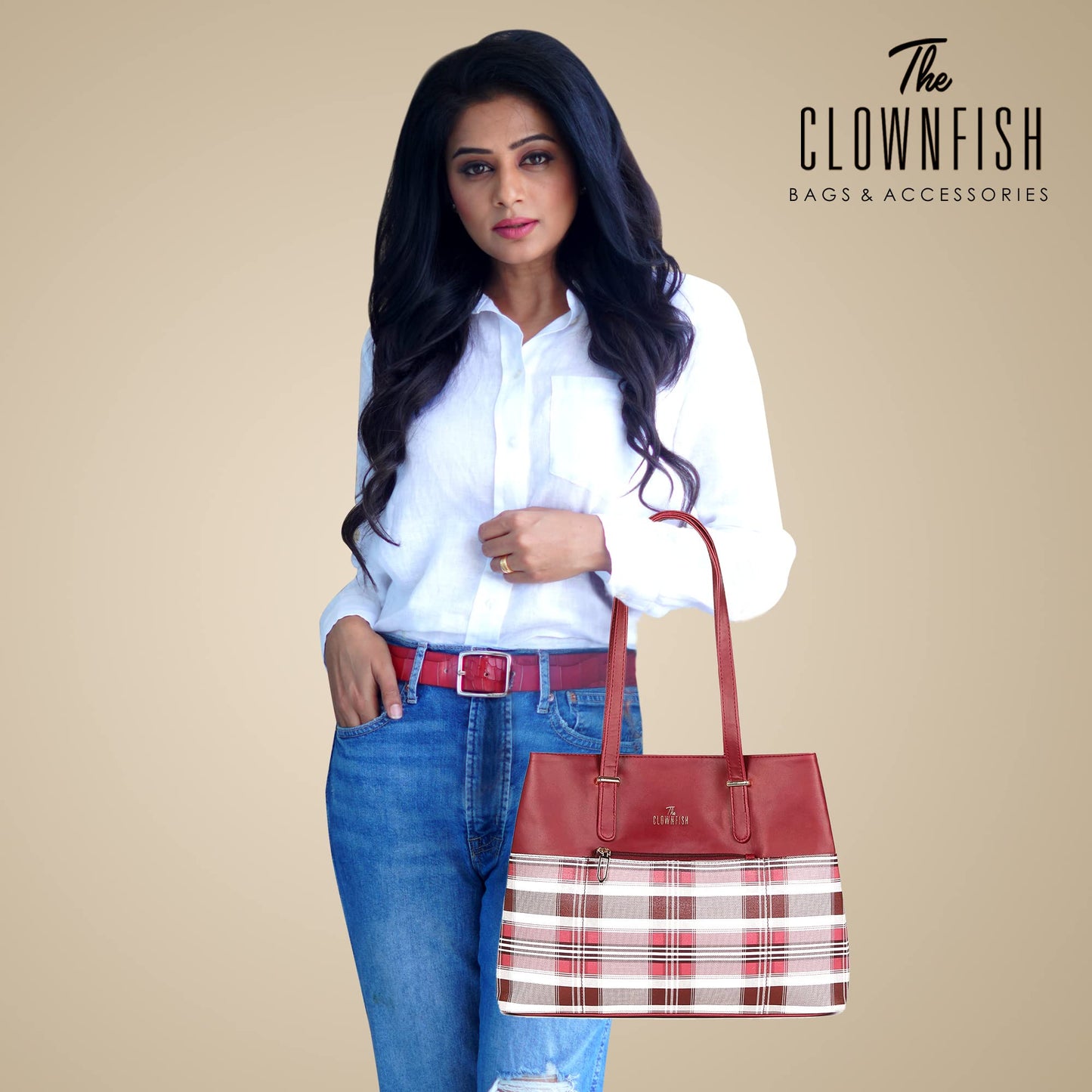 Gloria Handbag - Lightweight, Checkered Design | 3 Pockets | Fall Season | Maroon