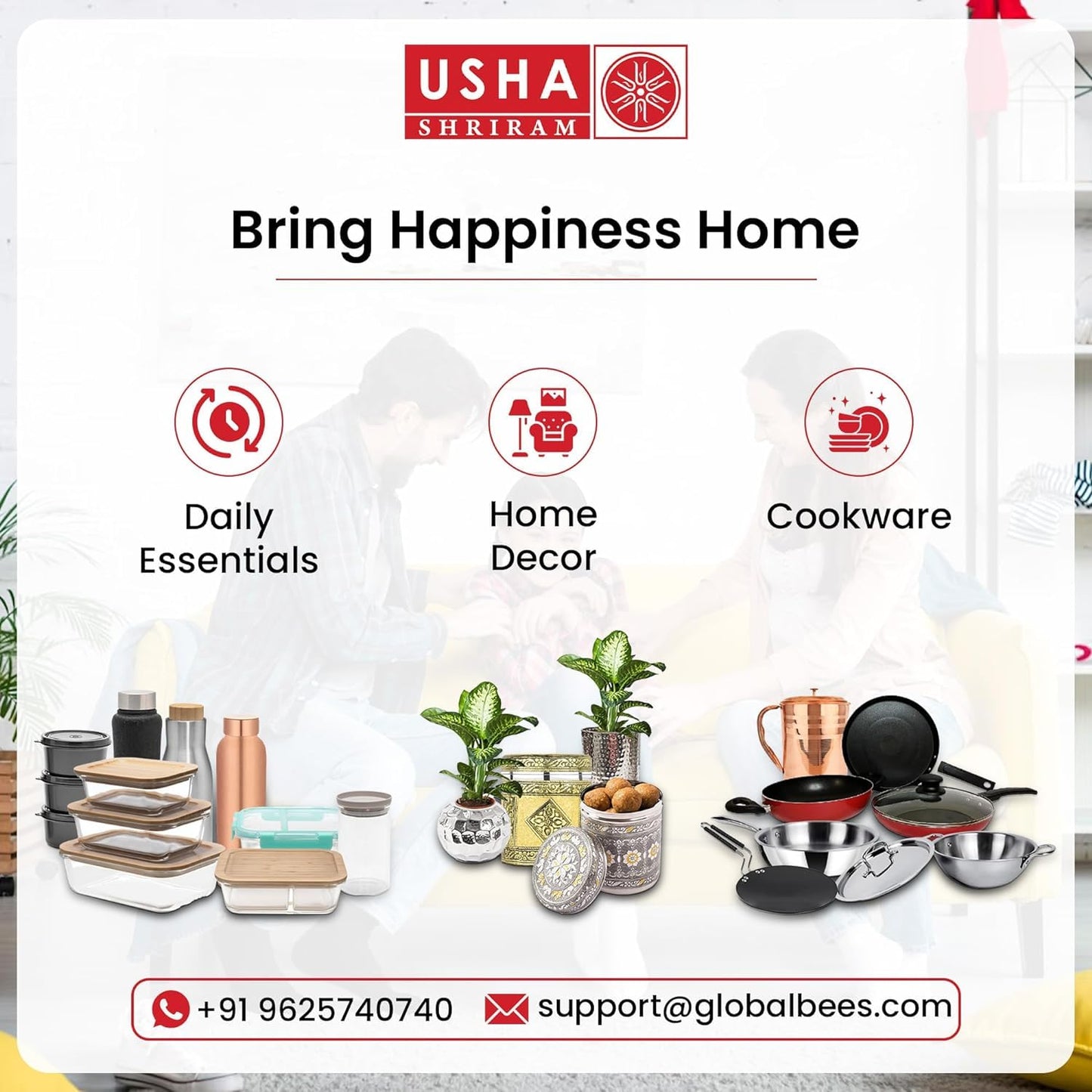 USHA SHRIRAM Golden Non-Stick Cookware Set | Small Fry Pan, Roti Tawa, Sauce Pan (1L), Kadai with Lid |Minimal Oil Cooking|Easy Grip Handles |Non-Toxic & Lightweight | Pack of 4