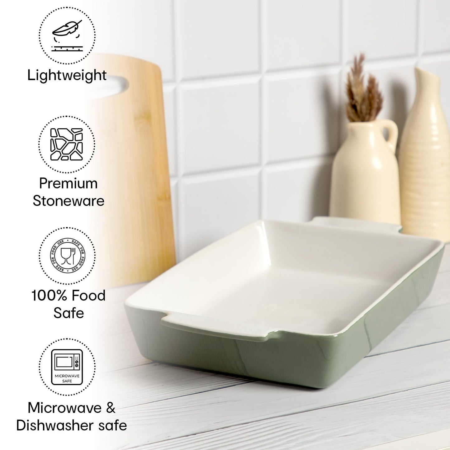 Rectangular Stoneware Baking Tray with Handles | Oven, Microwave, Dishwasher Safe | 6.7 x 42.5 x 24.5cm | Glazed