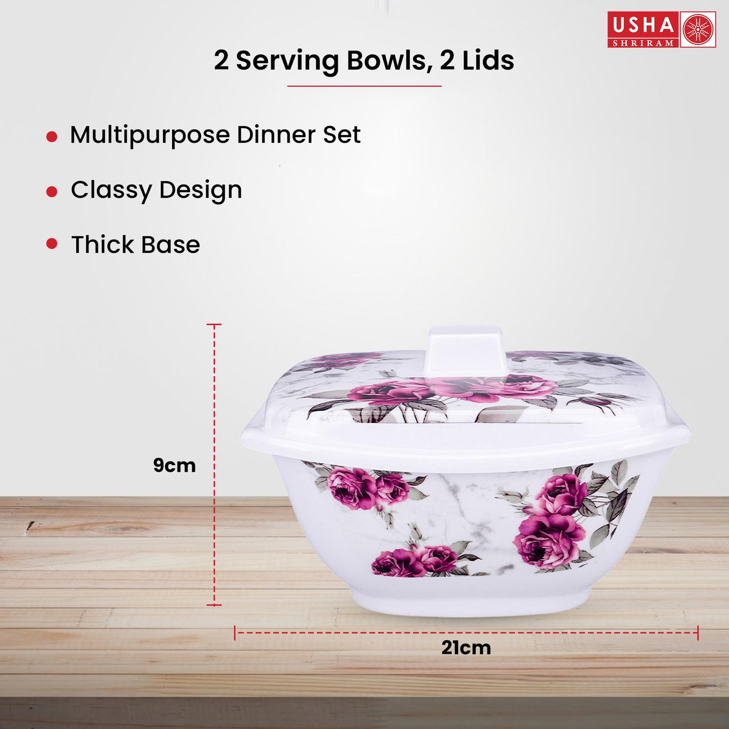 USHA SHRIRAM Melamine Big Serving Bowl with Lid (4 Pcs - 1.4L each) | Rice Bowl for Serving | Unbreakable | Heat Resistant | Mixing Bowl with Lid | Light Weight | BPA Free (Pink Marble Flower)