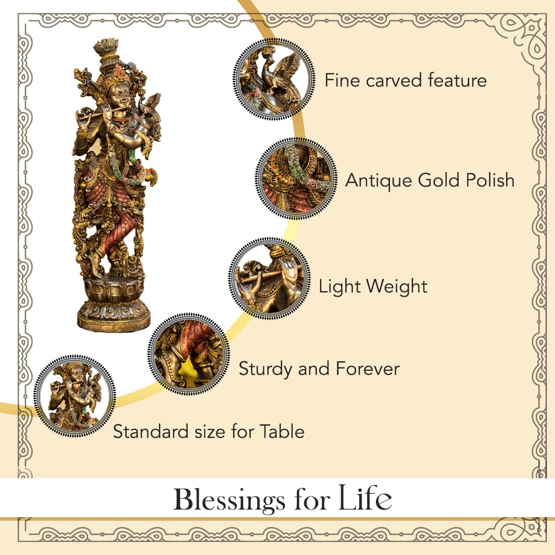 Lord Krishna Idol with Flute - Handpainted Decorative Statue | Traditional Religious Theme | Gold