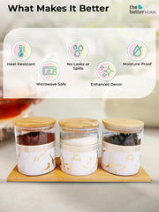 The Better Home Zenith Series Borosilicate Glass Jar With Wooden Lid(3Pcs-850ml each)|Borosilicate Glass Container For Kitchen Storage Set|Airtight Glass Container|Spice Jar For Kitchen(White Printed)
