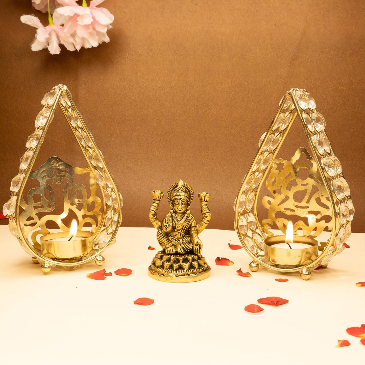 Combo: 100% Pure Brass Lakshmi Devi Idol & Ganesh Tealight Holder | 8.4 CM | For Pooja & Home Decor