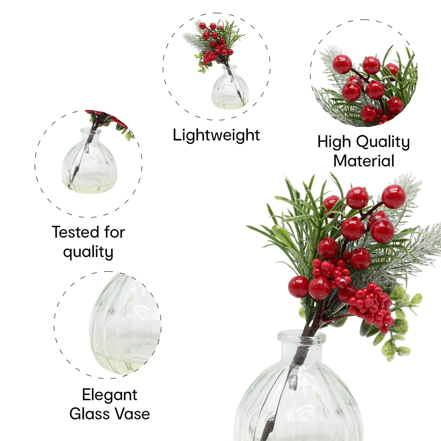 Anko Artificial Mini Plant with Glass Vase | Ideal Christmas Decorations for Home Decor, Office Desk, Living Room, Table Top | Christmas Gifts for Home | 21cm (H)x 9cm (Dia.)