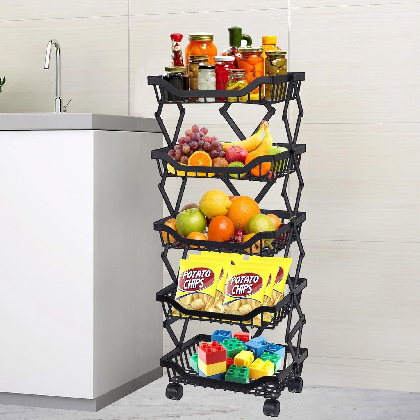 USHA SHRIRAM Layer Carbon Steel Trolley for Kitchen |360 Rotation | Kitchen Trolley with Wheels for Modular Kitchen | Onion Fruit Trolley for Kitchen | Kitchen Trolley Organisers (5 Layer, Pack of 1)