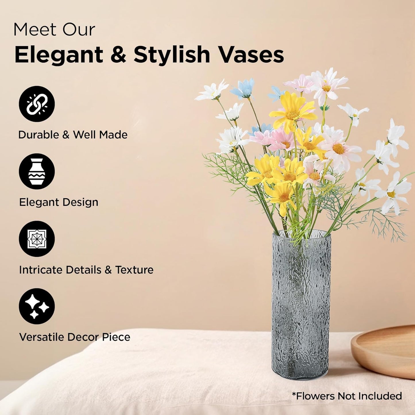 Ekhasa Grey Flower Glass Vase for Home Decor | Glass Vases Home Decor for Living Room & Home Decoration | Flower Vase Aesthetic Flower Pots for Home Table Decorative Items Dining Table (Set of 2)