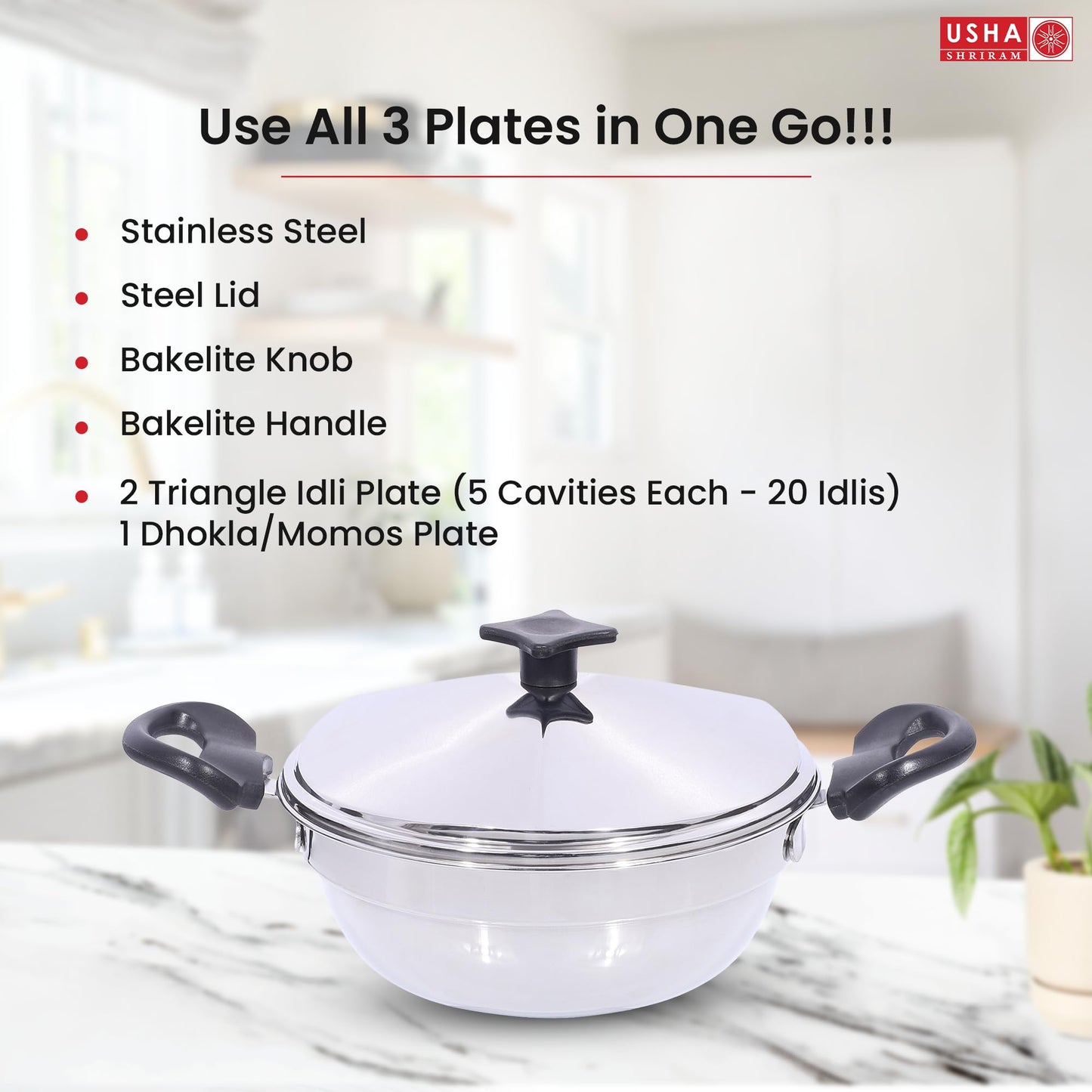 USHA SHRIRAM Stainless Steel Idli Cooker Kadai (3 Plate) | 2 Triangle Idli Plates (20 Idlis), 1 Momo/Idiyappam Plates | Idly Maker Momo Steamer | Multi Kadai for Idli, Dhokla,Mini Idlies, Modaks