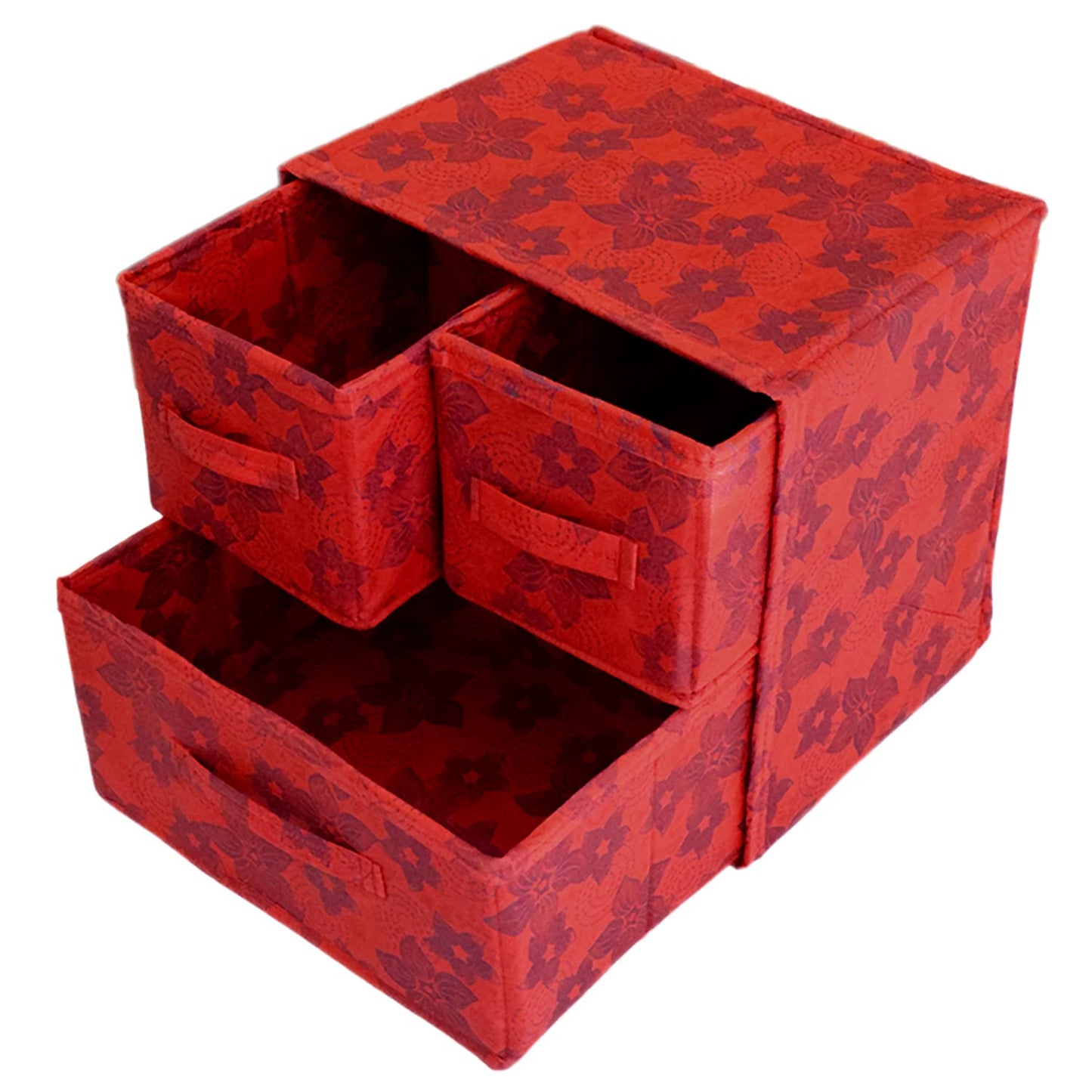 3 Drawers Foldable Makeup Organizer Box - Metallic Flower Print | Includes 1 Organizer | Color: Red