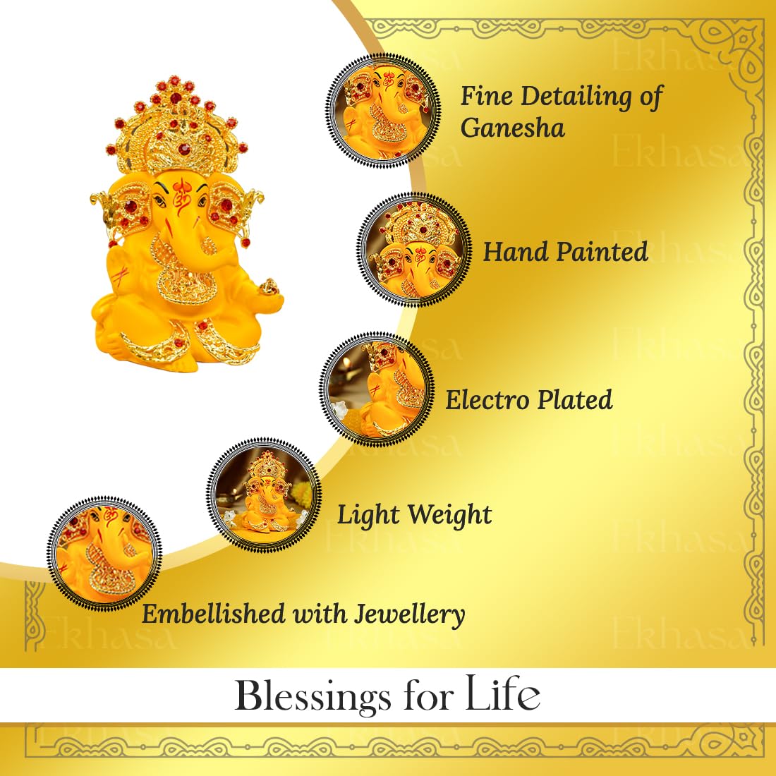 Ganesh Idol for Car Dashboard - Traditional Yellow Resin Statue | Standard Size | Home & Office Decor