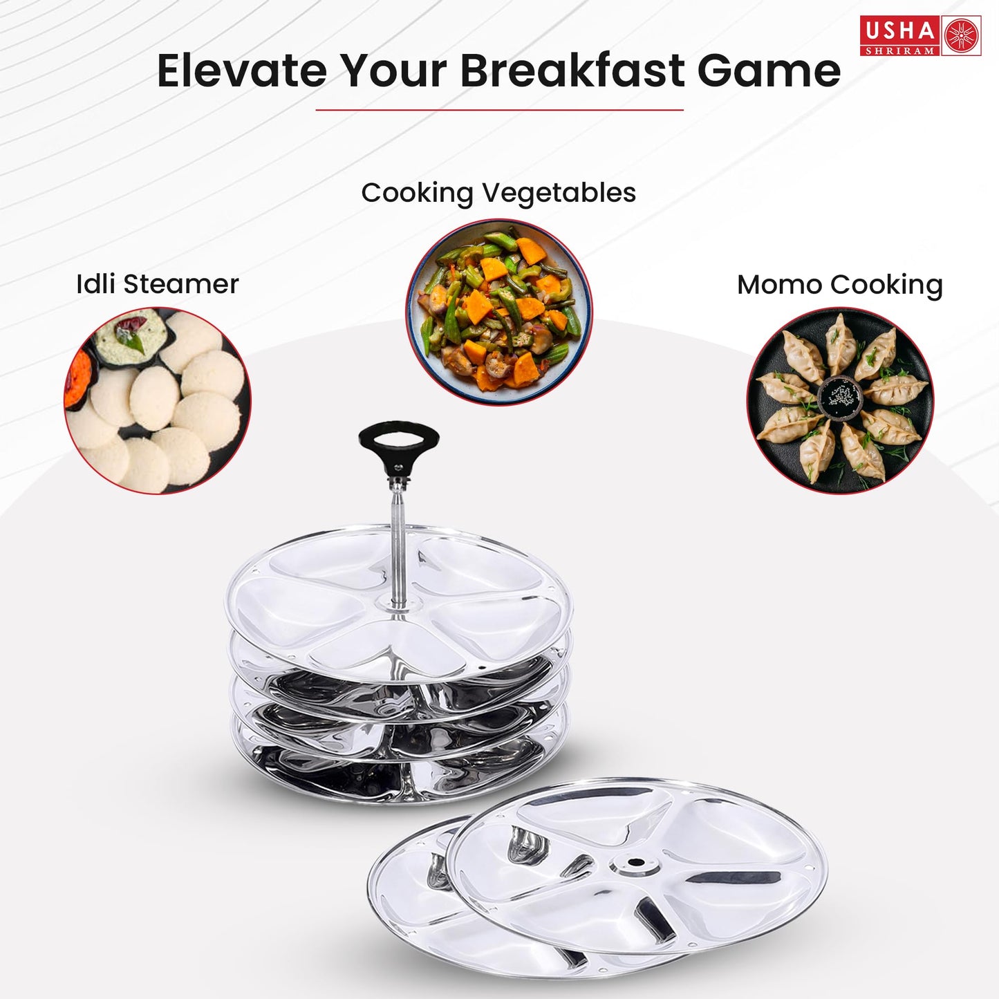 USHA SHRIRAM Stainless Steel Idli Plates (5 Cavities/Plate) | Idli Plates With Removable Bakelite Handle | Idly Stand For Cooker | Idli Stand | Thate Idli Maker | Idly Maker (6 Plate)