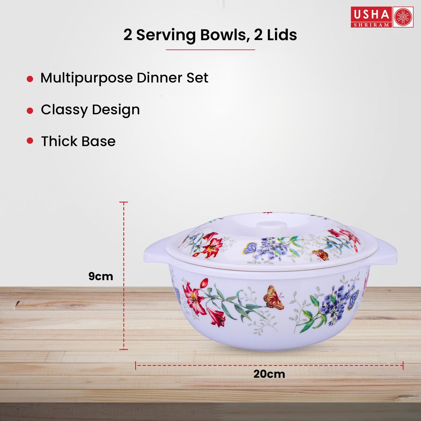 Combo: 2-Piece Serving Bowl Set - Unbreakable, Heat Resistant & BPA Free | Round Shape | Red Flower Design