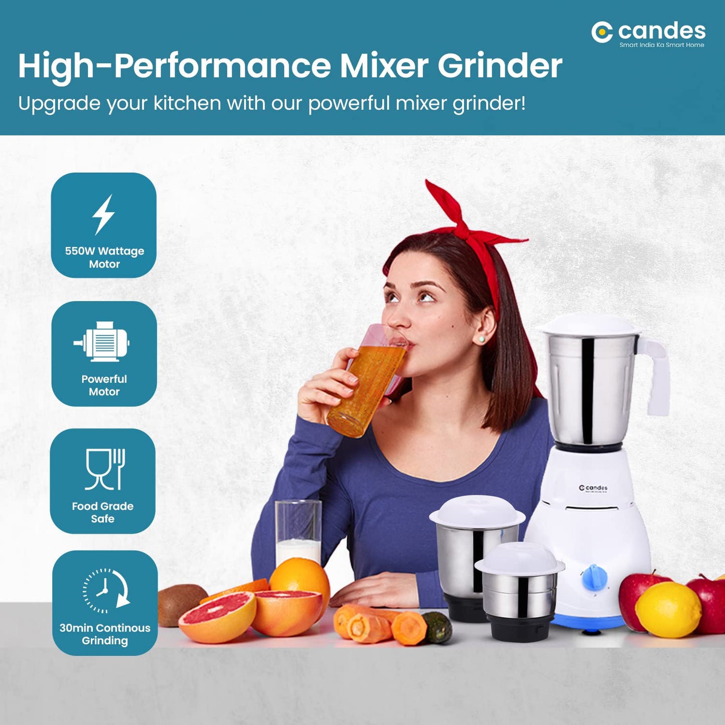 CANDES Mixer Grinder with Iron Combo- 550W Mixie for Kitchen with 3 Stainless Steel Jars, Powerful Motor, Efficient Steel Blades & 750W Electric Iron Press with 1 Year Warranty- White & Blue