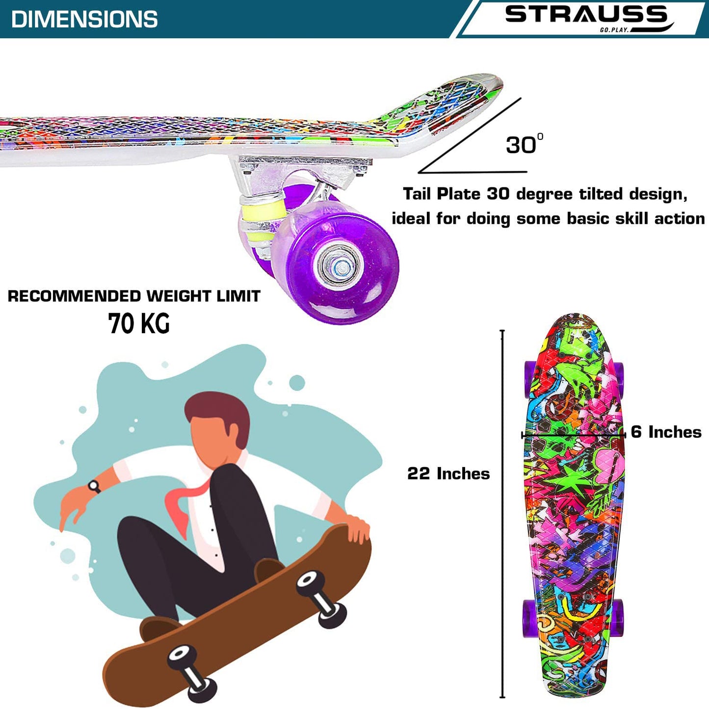 Strauss Cruiser PW Skateboard - Fully assembled skateboard ready to use