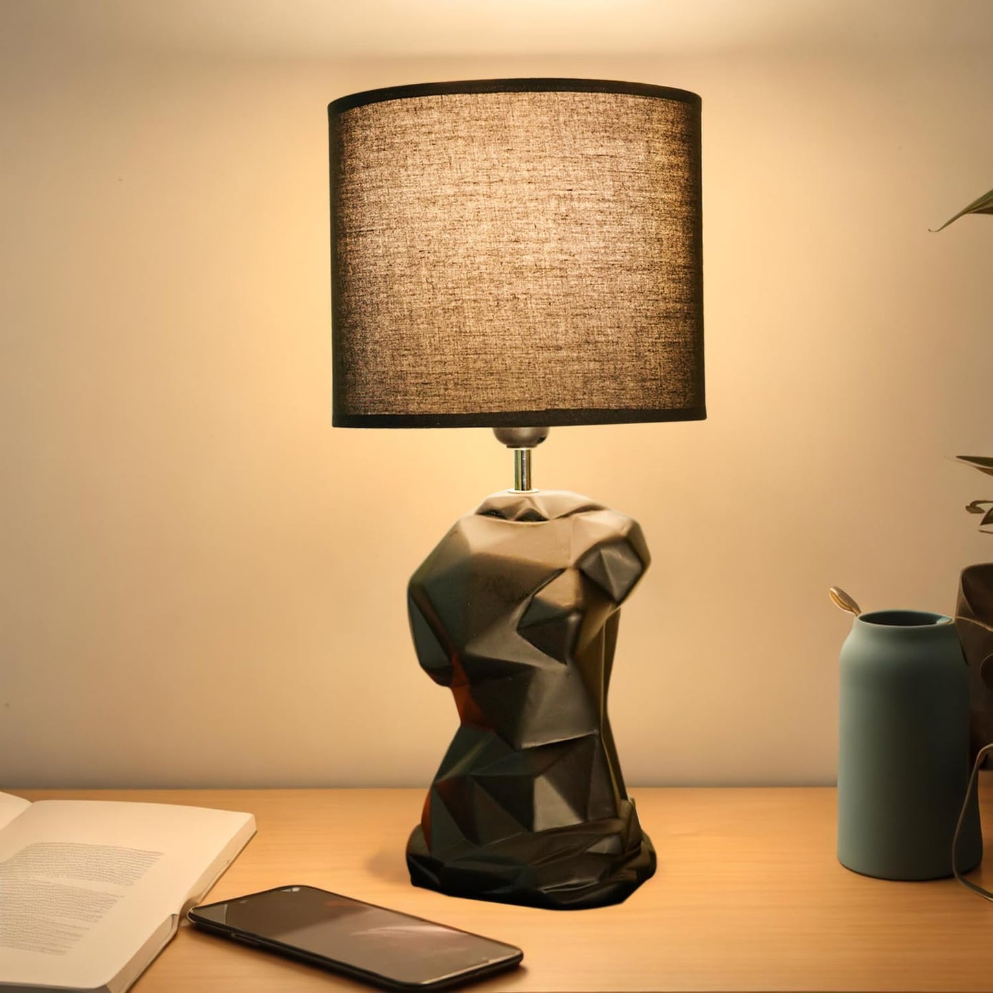 Ceramic Table Lamp - Modern Floral Design | Includes Corded Electric Night Light | Standard Size | Black