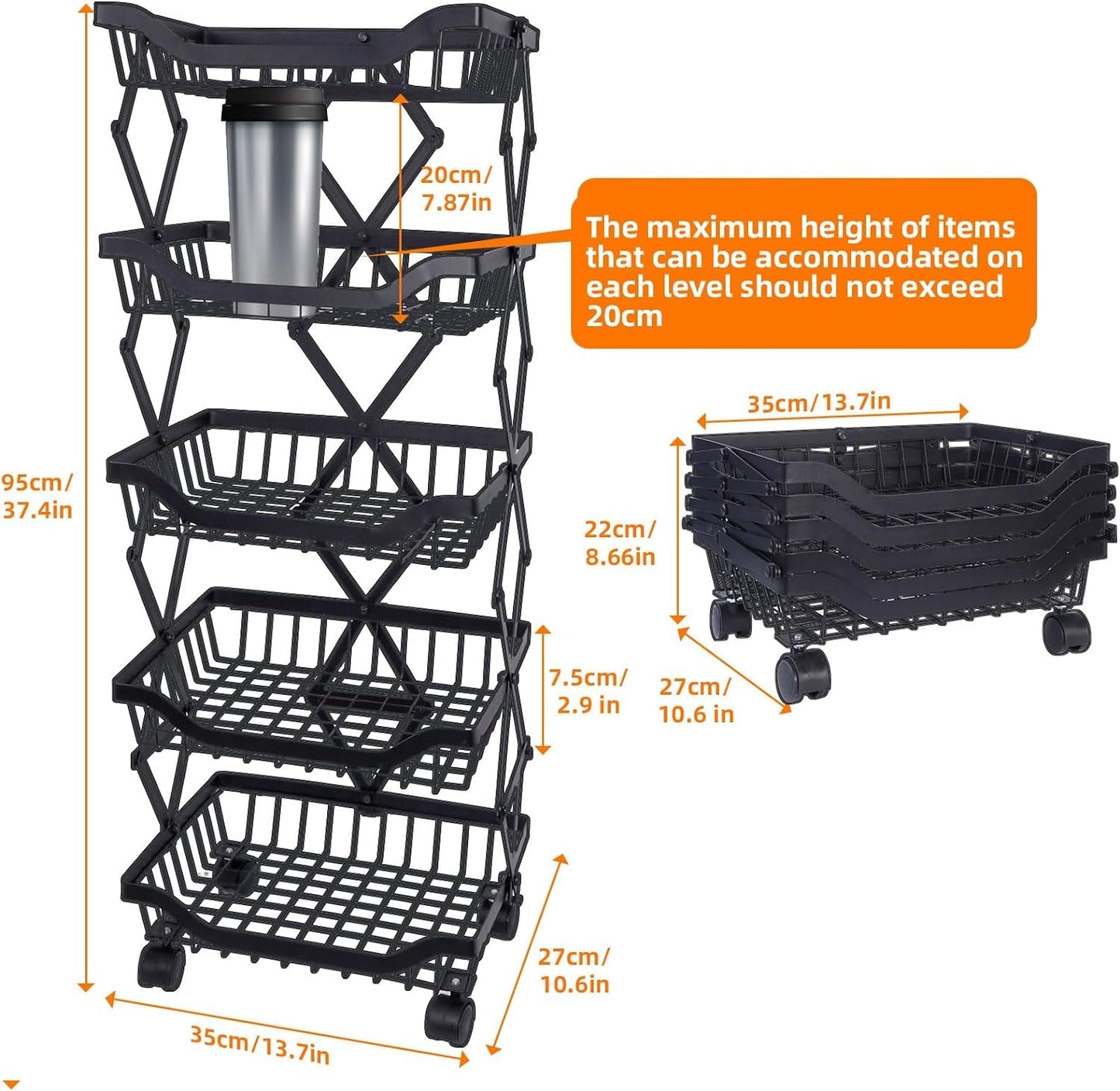 USHA SHRIRAM Layer Carbon Steel Trolley for Kitchen |360 Rotation | Kitchen Trolley with Wheels for Modular Kitchen | Onion Fruit Trolley for Kitchen | Kitchen Trolley Organisers (5 Layer, Pack of 1)