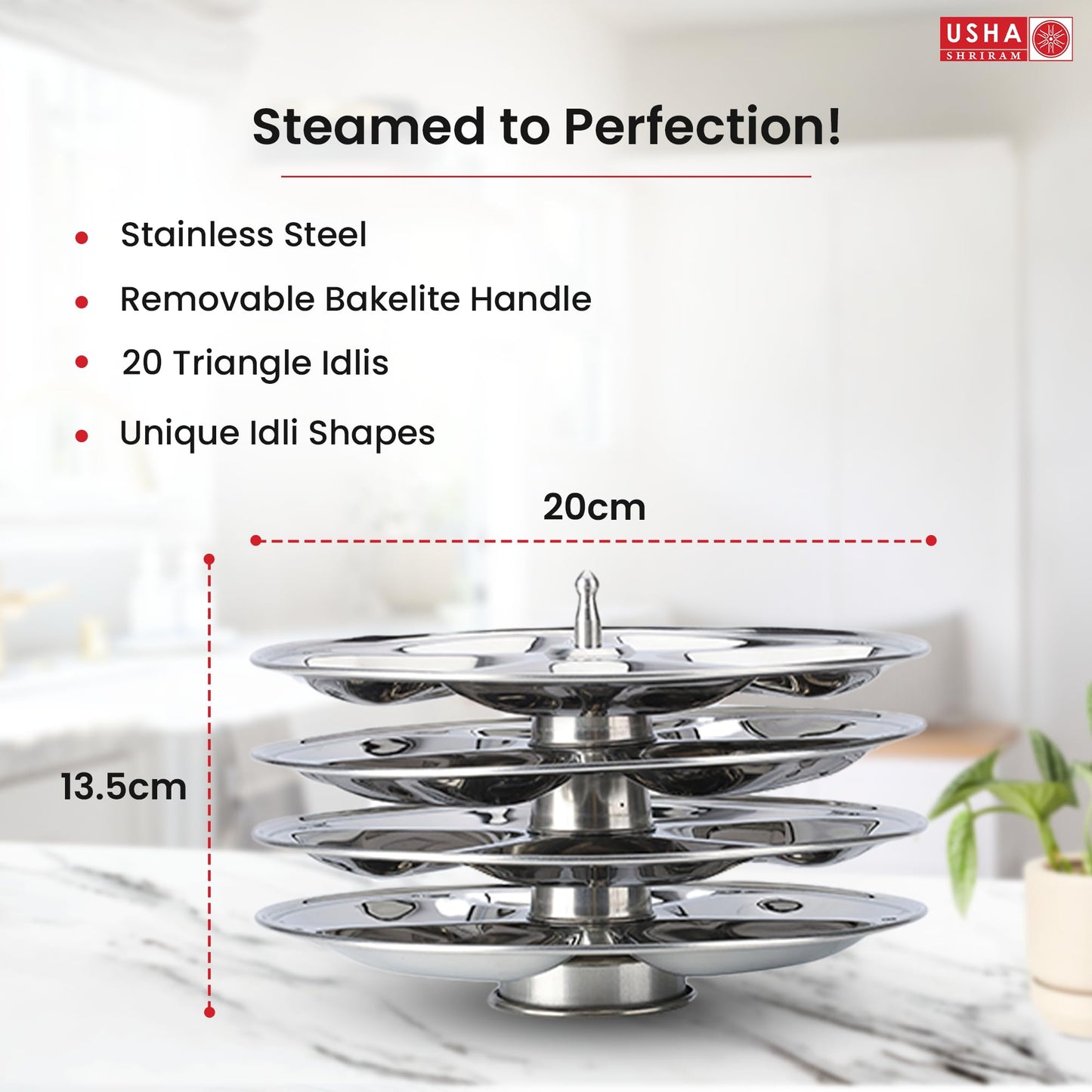 USHA SHRIRAM Stainless Steel Idli Plates (5 Cavities/Plate) | Idli Plates With Removable Bakelite Handle | Idly Stand For Cooker | Idli Stand | Thate Idli Maker | Idly Maker (4 Plate)