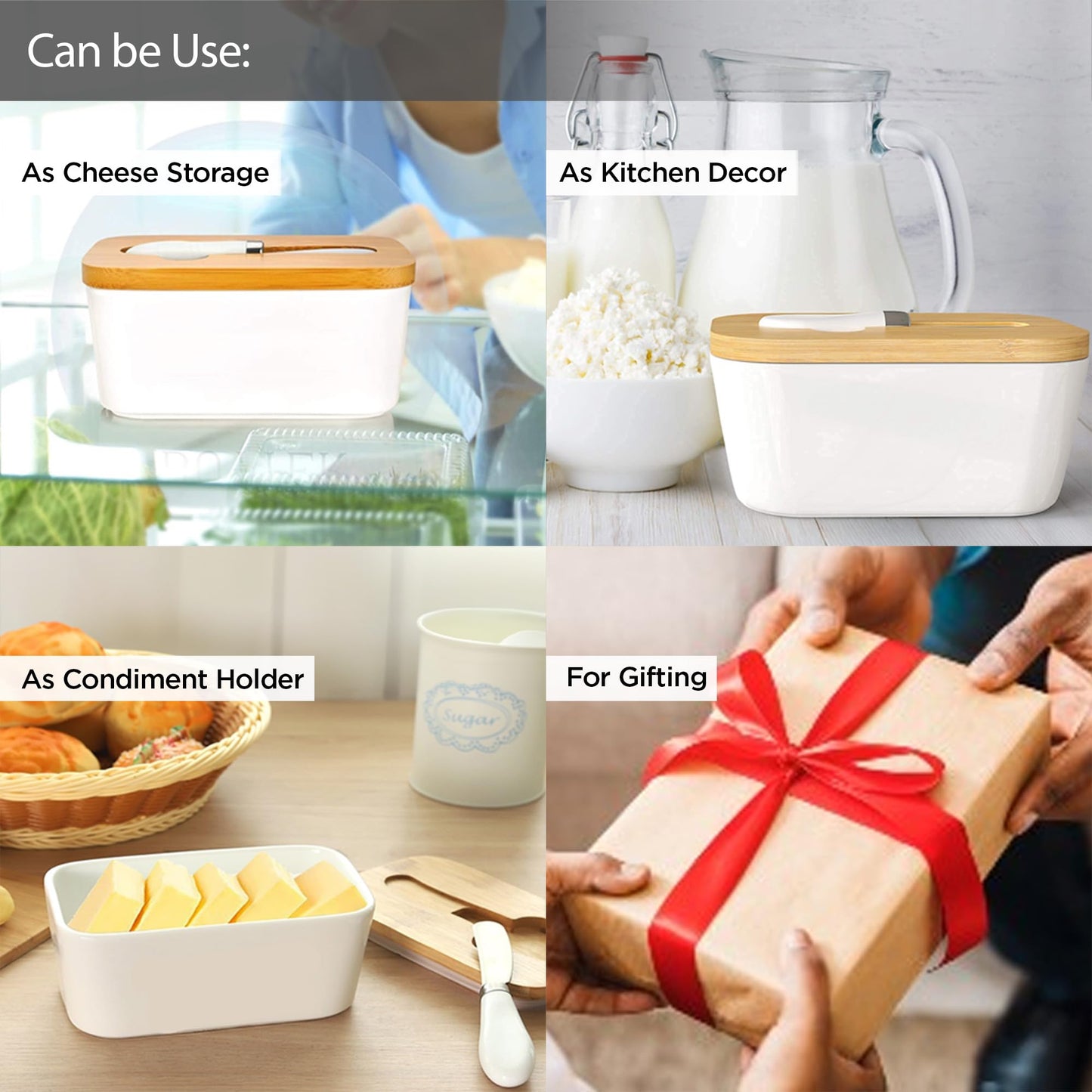 UMAI Ceramic Butter Dish with Lid & Knife (600ml) | Butter/Cheese Box for Fridge | Wooden Airtight Lid with Sealed Silicone Ring | Butter Container | Butter Holder/Case (White, Pack of 1)