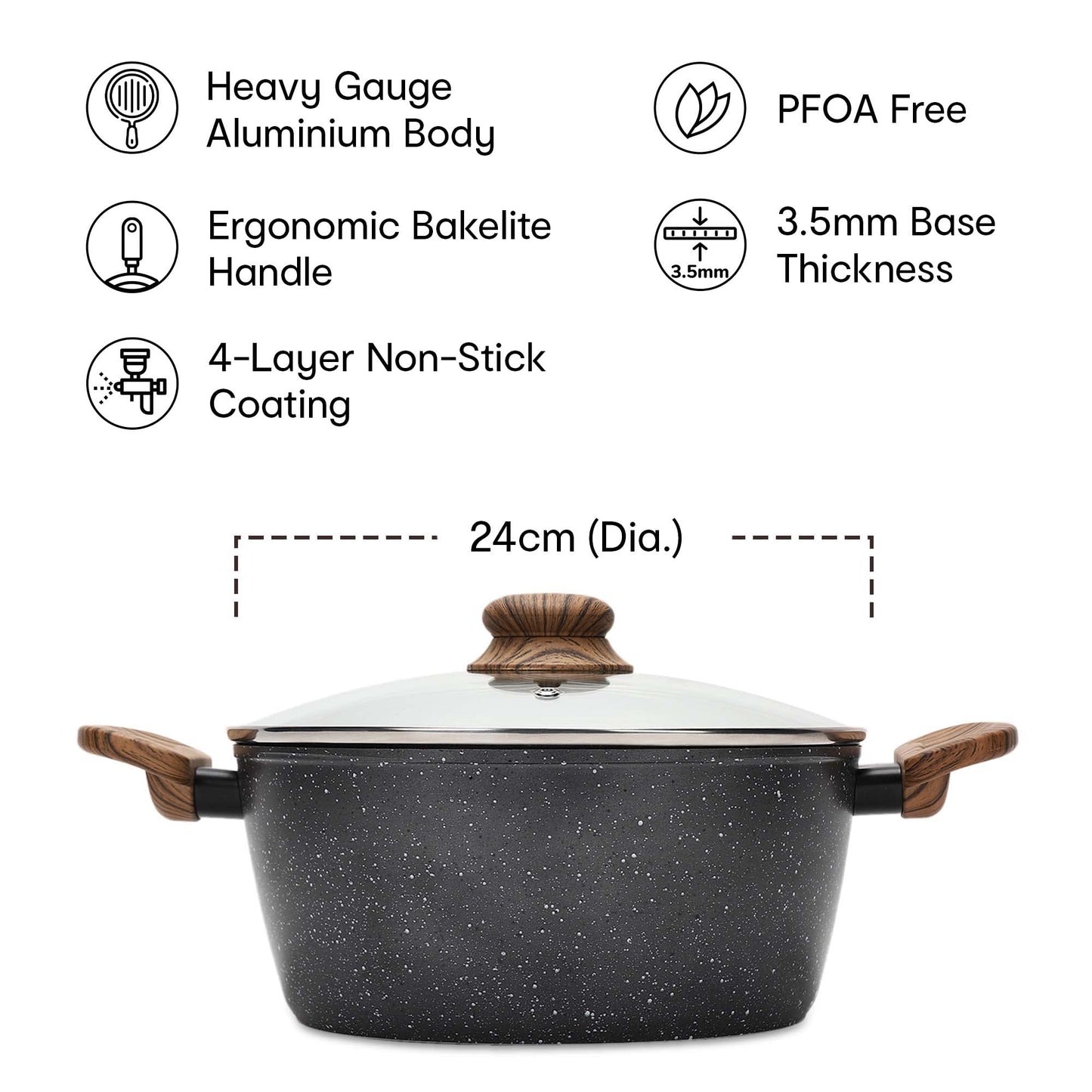 Anko Australia Non-Stick Aluminium Casserole With Glass Lid|4 Layer Non-Stick Coating Saucepan|Bakelite Wood-Look Handles|Electric,Gas,Ceramic,Halogen Cooktop|Pfoa Free|24 Cm(D)(1 Pc)3 Liter,Black