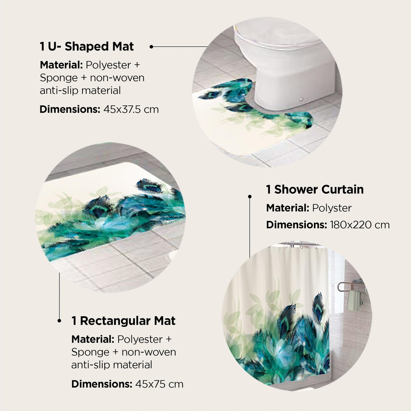 Combo: 7 Feet Shower Curtain & 2 Pcs Bathmat | Anti-Slip, Quick Dry, Waterproof | Multicolour Floral Decor