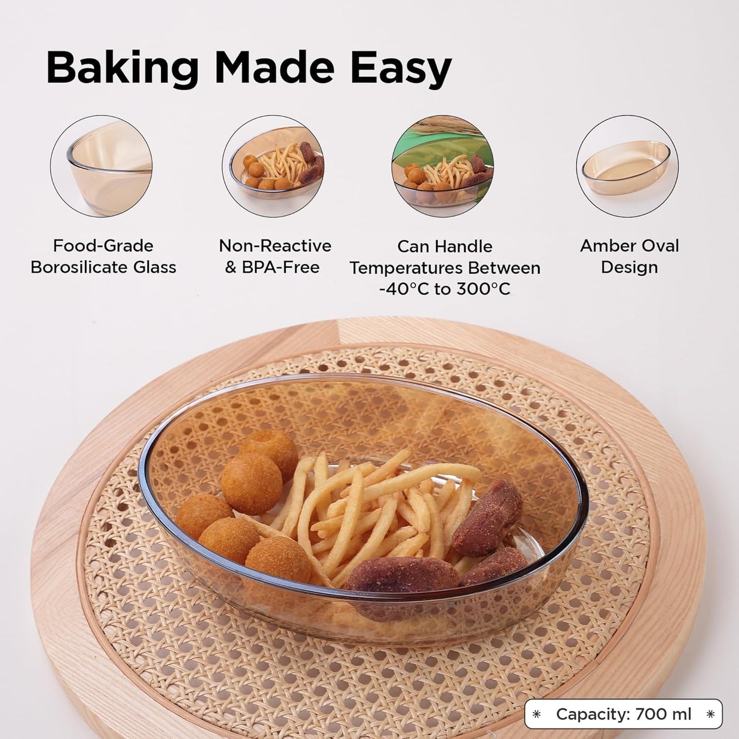 Combo: 700ml Borosilicate Glass Baking Tray - Microwave & Dishwasher Safe | Oval Bread Mould | Yellow