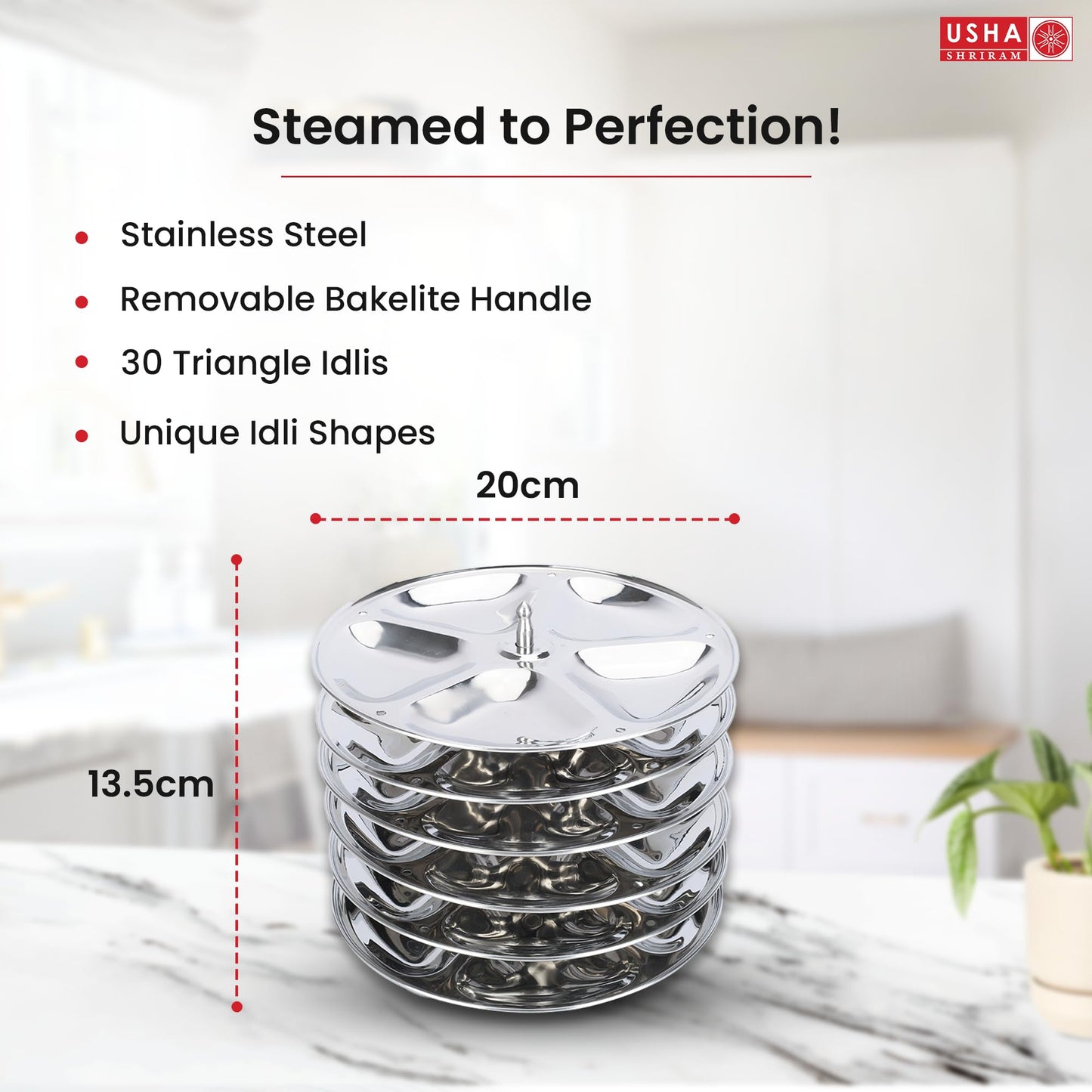 USHA SHRIRAM Stainless Steel Idli Plates (5 Cavities/Plate) | Idli Plates With Removable Bakelite Handle | Idly Stand For Cooker | Idli Stand | Thate Idli Maker | Idly Maker (6 Plate)