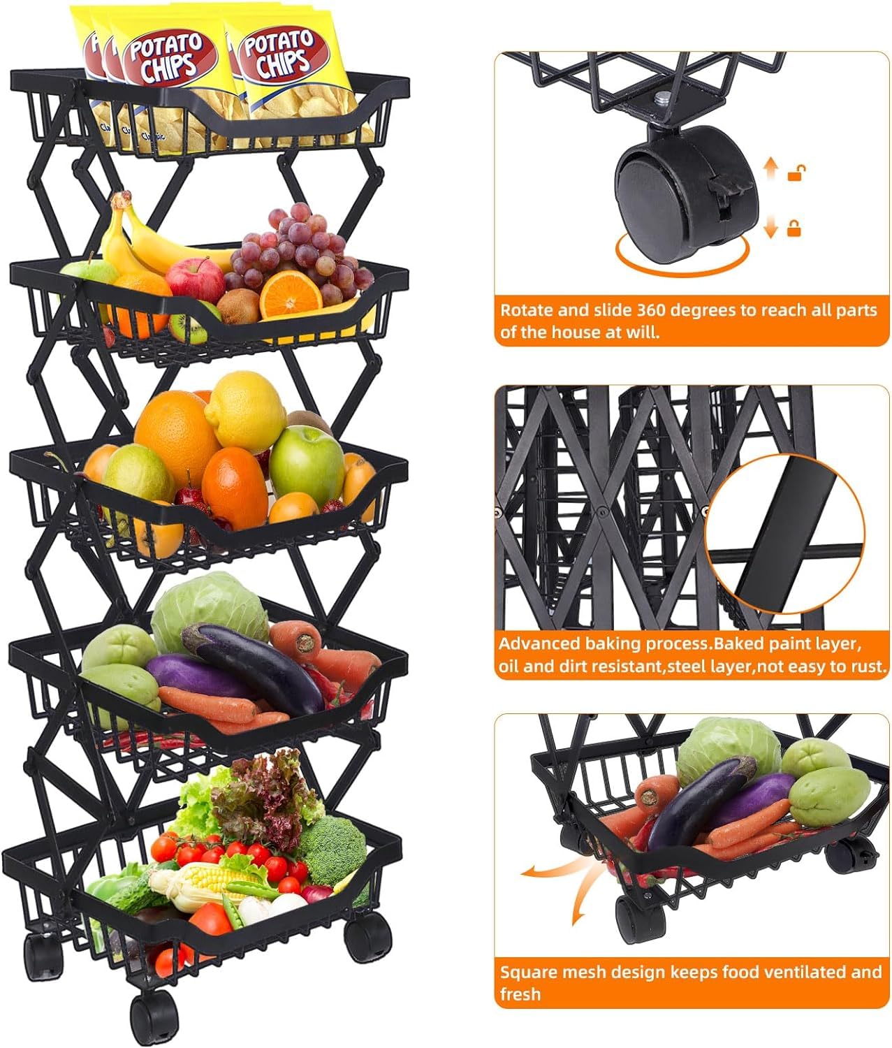 USHA SHRIRAM Layer Carbon Steel Trolley for Kitchen |360 Rotation | Kitchen Trolley with Wheels for Modular Kitchen | Onion Fruit Trolley for Kitchen | Kitchen Trolley Organisers (5 Layer, Pack of 1)