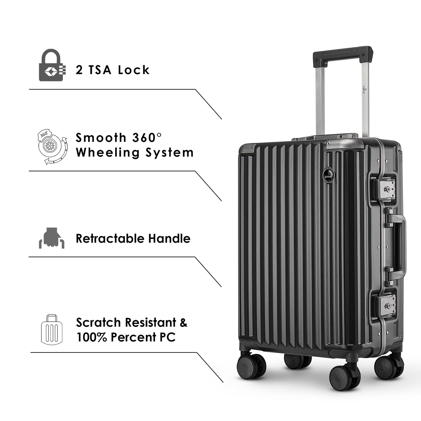 Small Polycarbonate Hard Case Suitcase - 8 Wheels, Double TSA Locks | 57 cm | Sooty Black