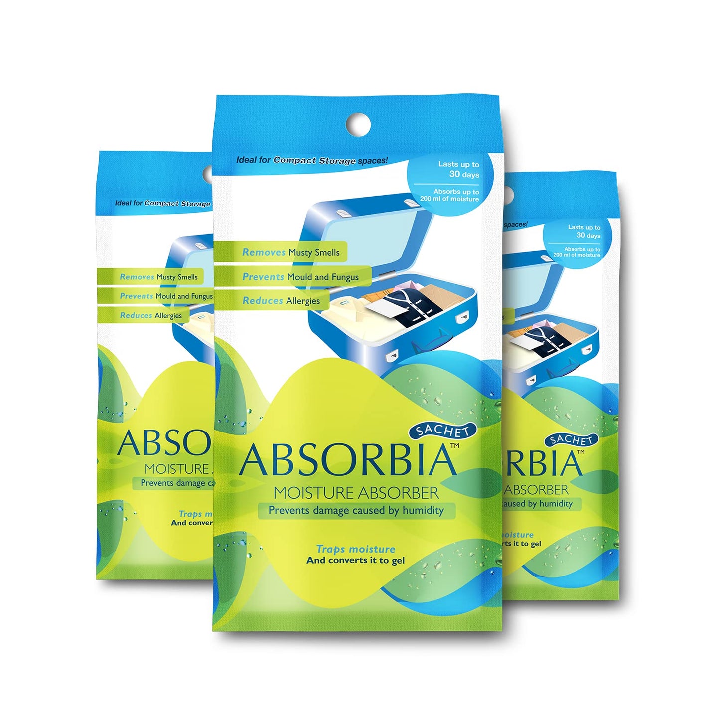 Family Pack of 3: Moisture Absorbers - Dehumidifies Bags, Suitcases & Drawers | 100g Sachets | Absorbs 200ml Each