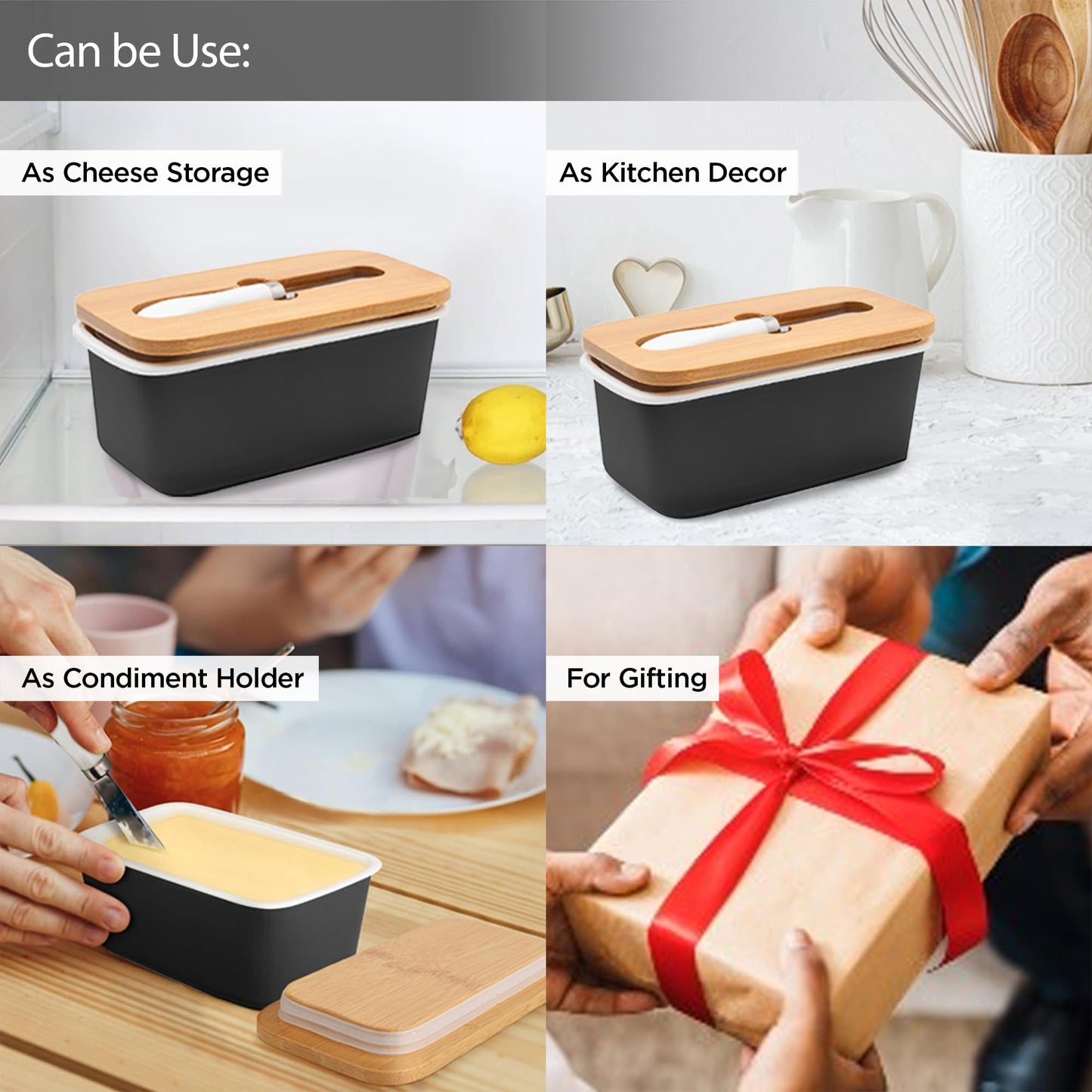 UMAI Ceramic Butter Dish with Wooden Lid & Stainless Steel Knife | Fridge Storage Boxes | Fridge Organiser | Airtight Seal | Black Kitchen Container Set | Kitchen Items | Knife for Kitchen |