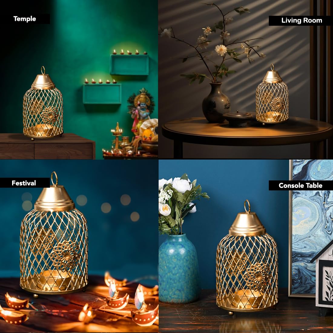 Ekhasa Metal Tealight Candle Holder for Home Decor Perfect Candle Stand for Diwali Decoration and Table Decor Indoor & Outdoor, Festival Decorative Candles Gift Items (Cage Tealight Holder), Gold