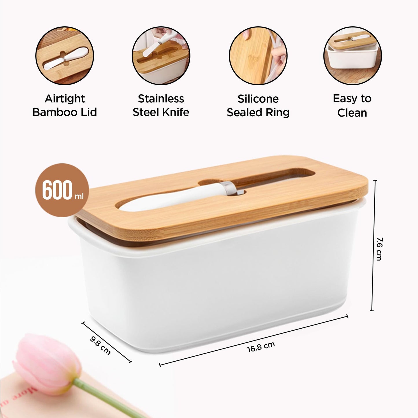 UMAI Ceramic Butter Dish with Lid & Knife (600ml) | Butter/Cheese Box for Fridge | Wooden Airtight Lid with Sealed Silicone Ring | Butter Container | Butter Holder/Case (White, Pack of 1)