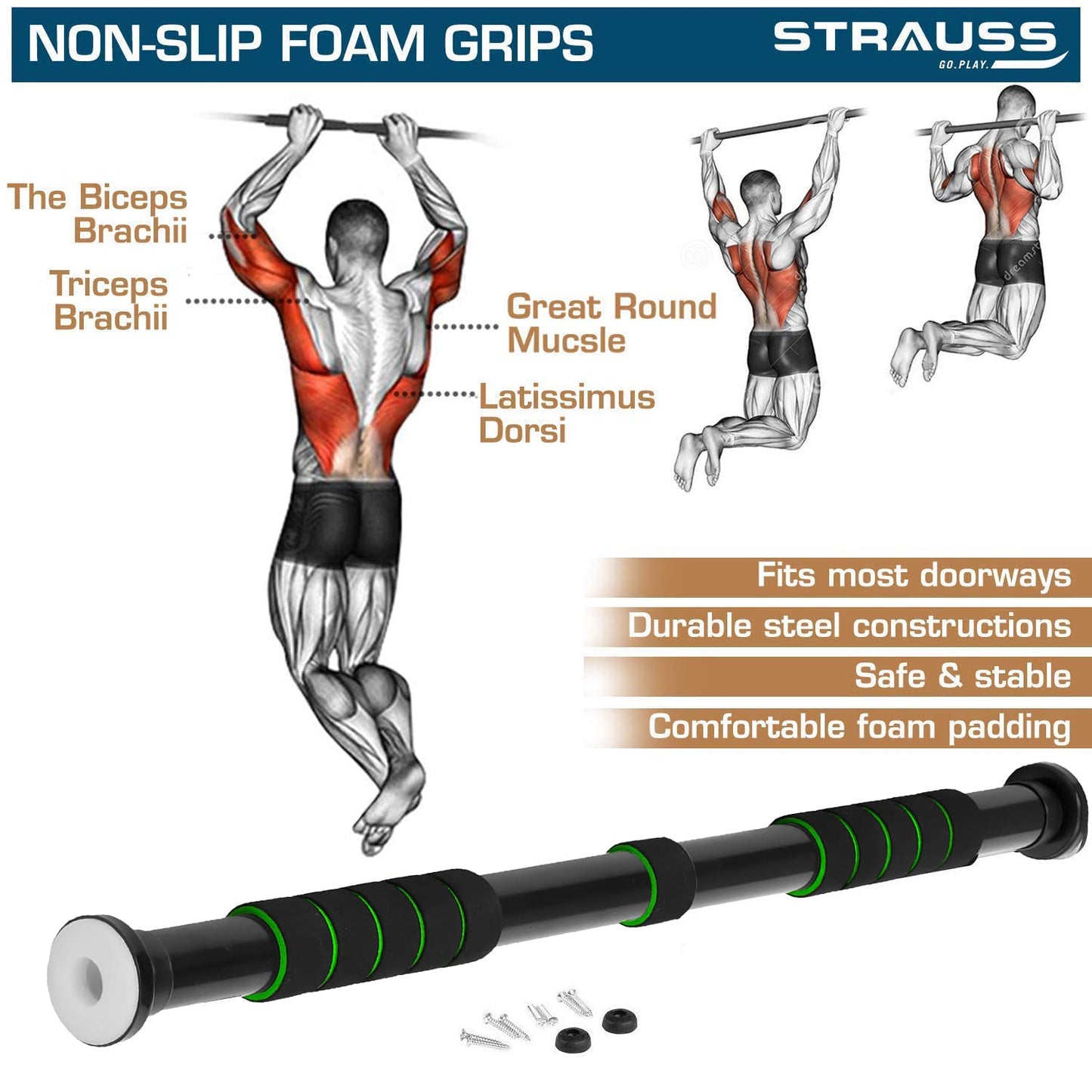 Strauss Pull Up Bar - comfortable grips for chin-ups