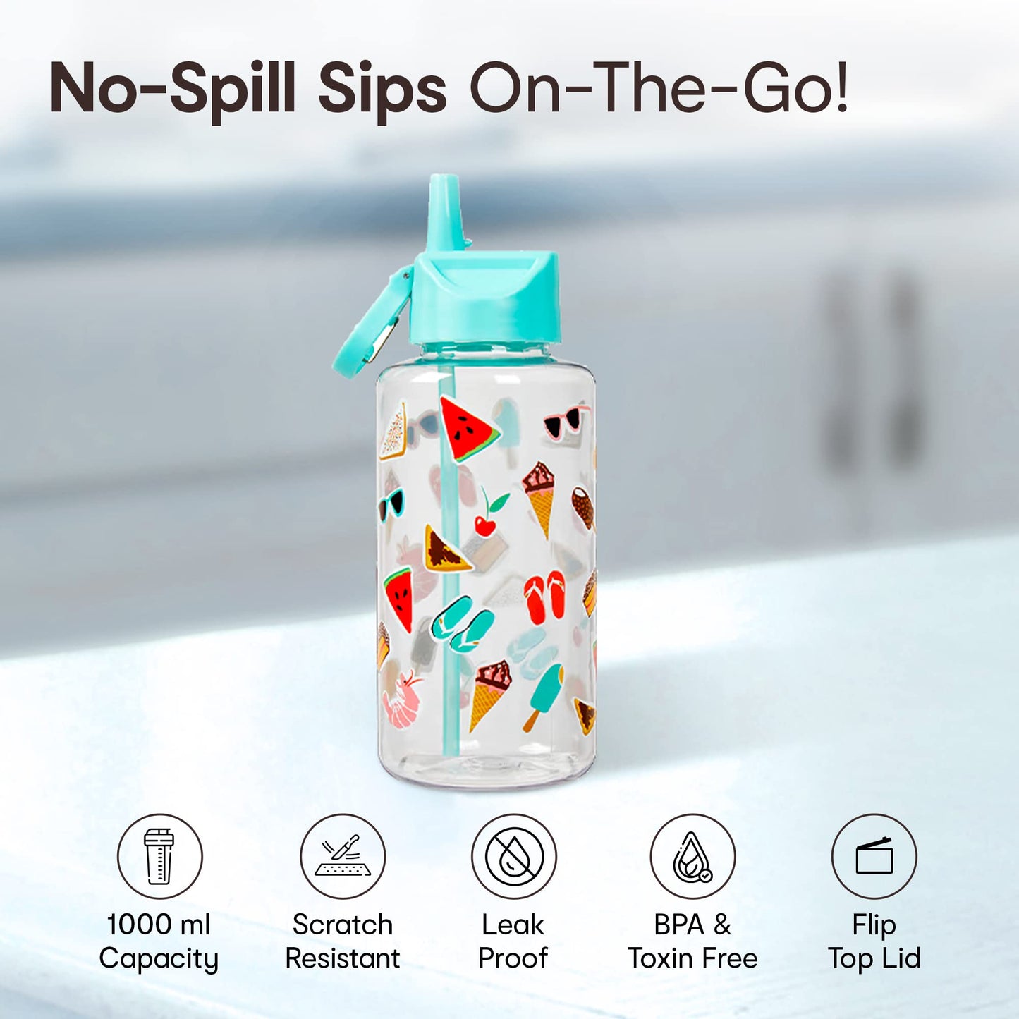 1 L Non-Toxic Plastic Sipper Water Bottle - Leak Proof, Flip-Top Spout & Straw | BPA-Free | Fruits Print