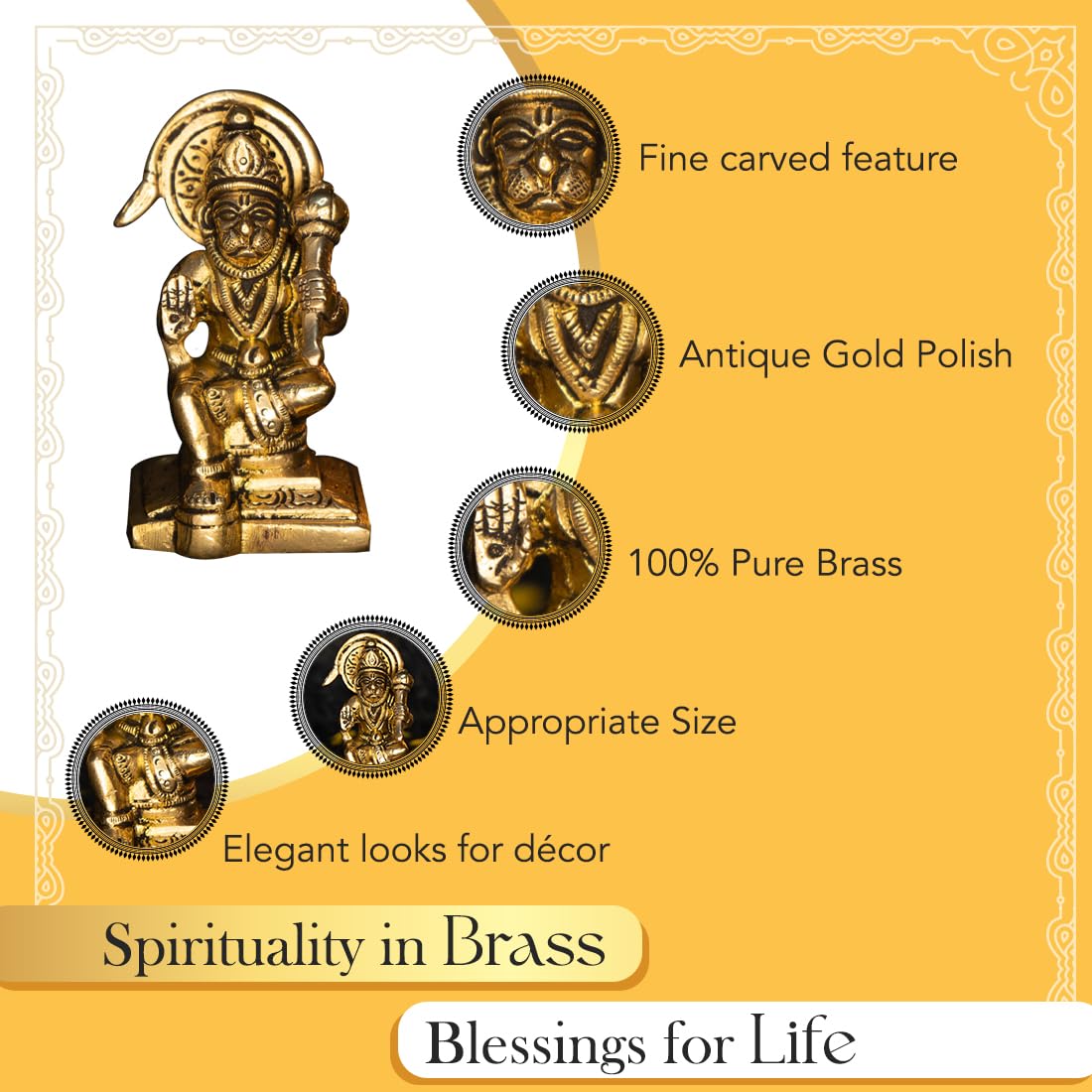 Brass Hanuman Ji Murti - 100% Pure Brass, Traditional Style | Perfect for Home Puja & Gifting | 8.4 cm | Gold