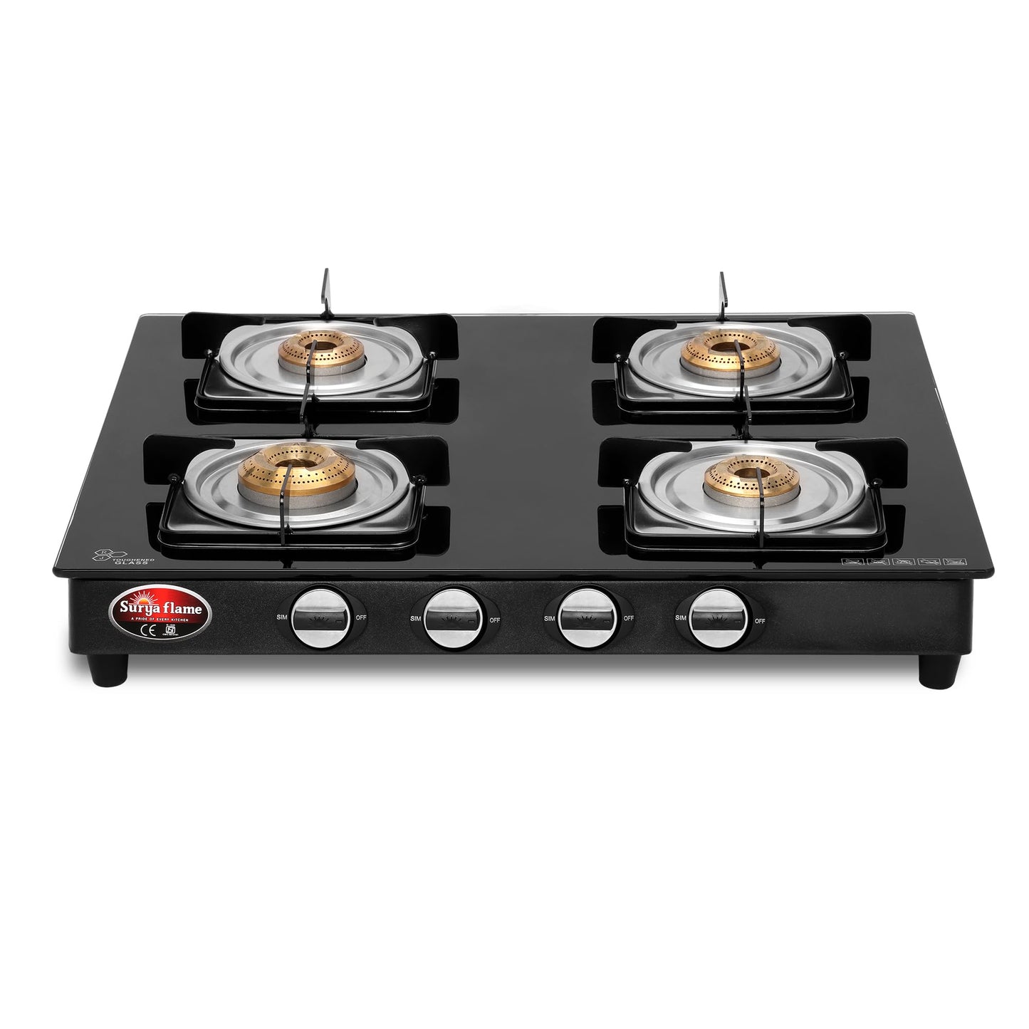 Gas Stove with Glass Top & Stainless Steel Body | 4 Burners | Black | Includes 2-Year Warranty