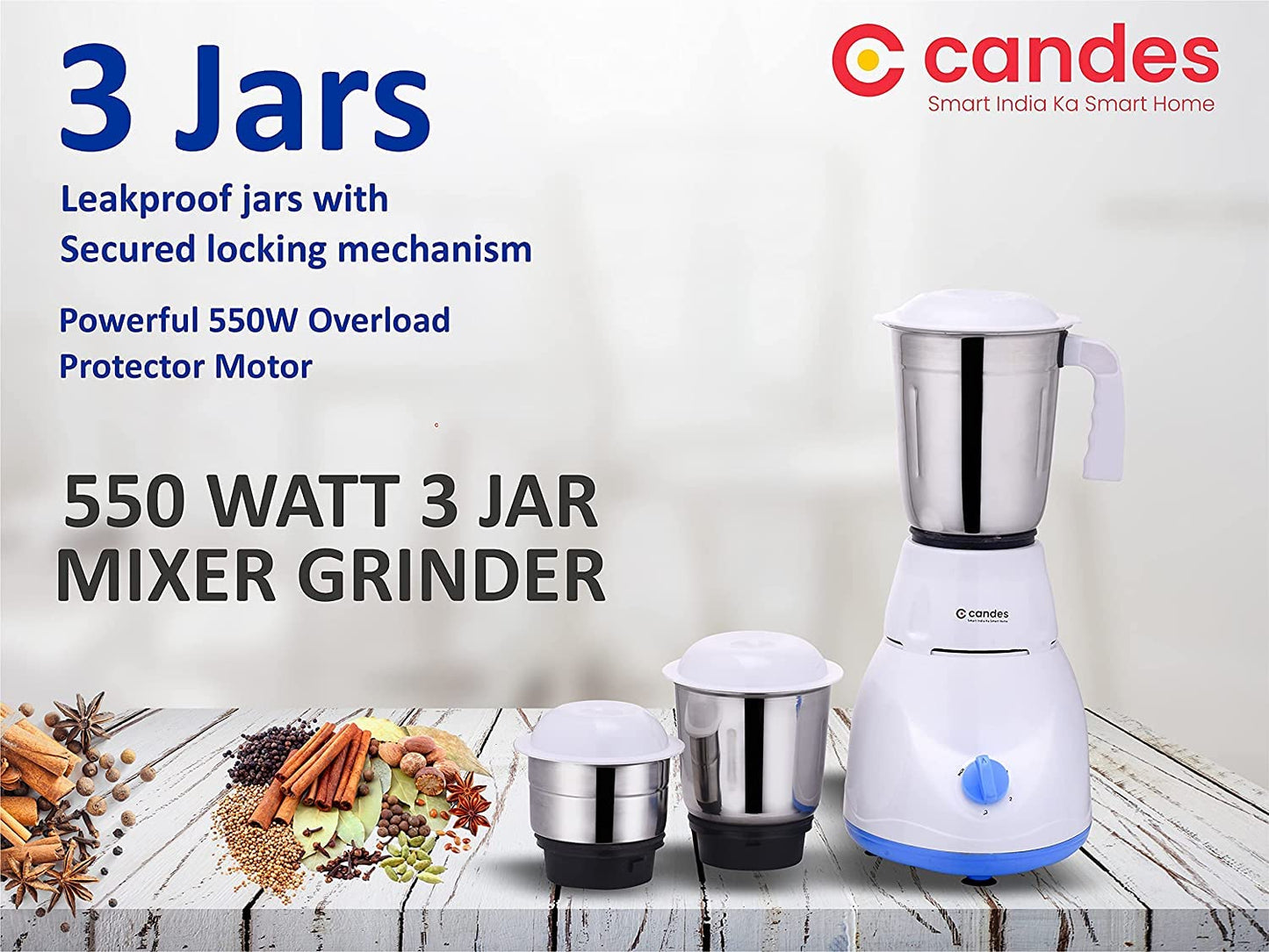 CANDES Mixer Grinder with Iron Combo- 550W Mixie for Kitchen with 3 Stainless Steel Jars, Powerful Motor, Efficient Steel Blades & 750W Electric Iron Press with 1 Year Warranty- White & Blue