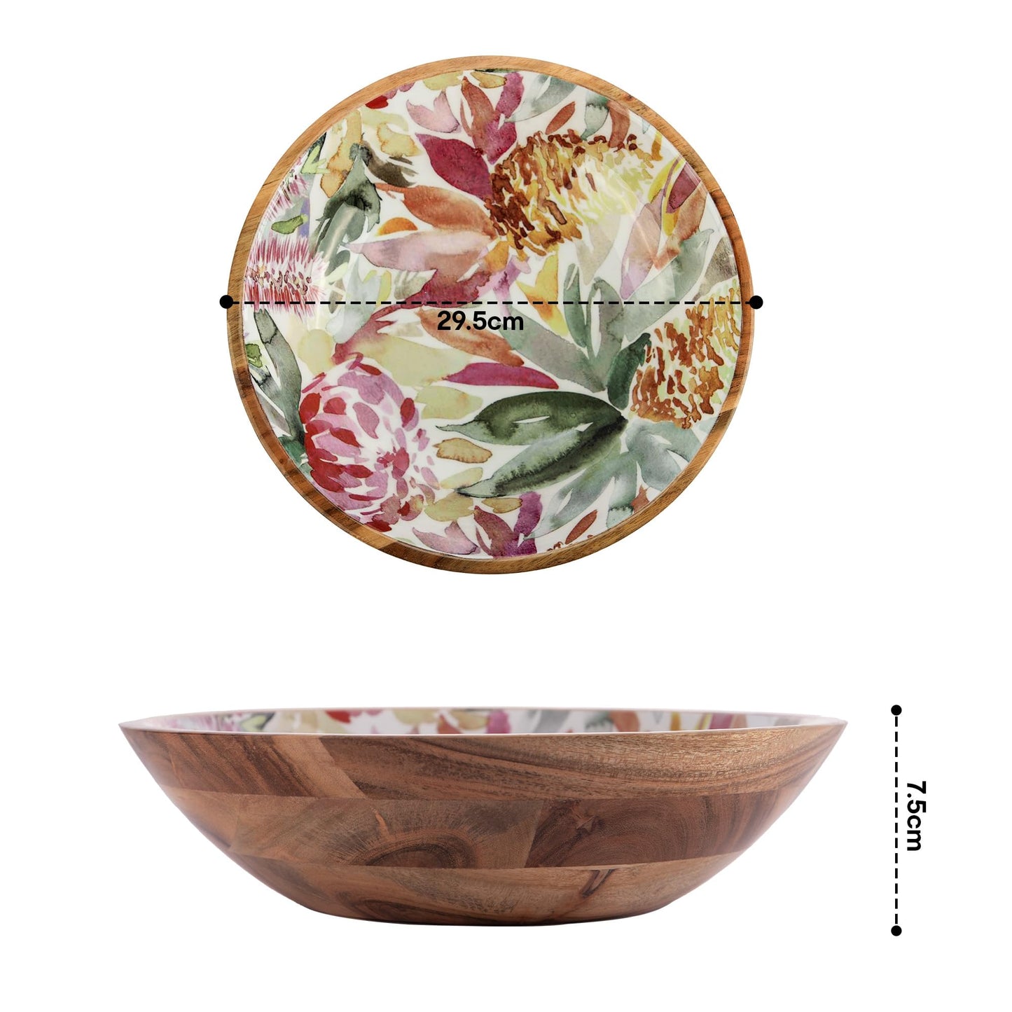 Large Acacia Wood Bowl - Designer Salad Utensil with Enamel Oil Finish | 11" | Pastel Floral | For Kitchen & Dining