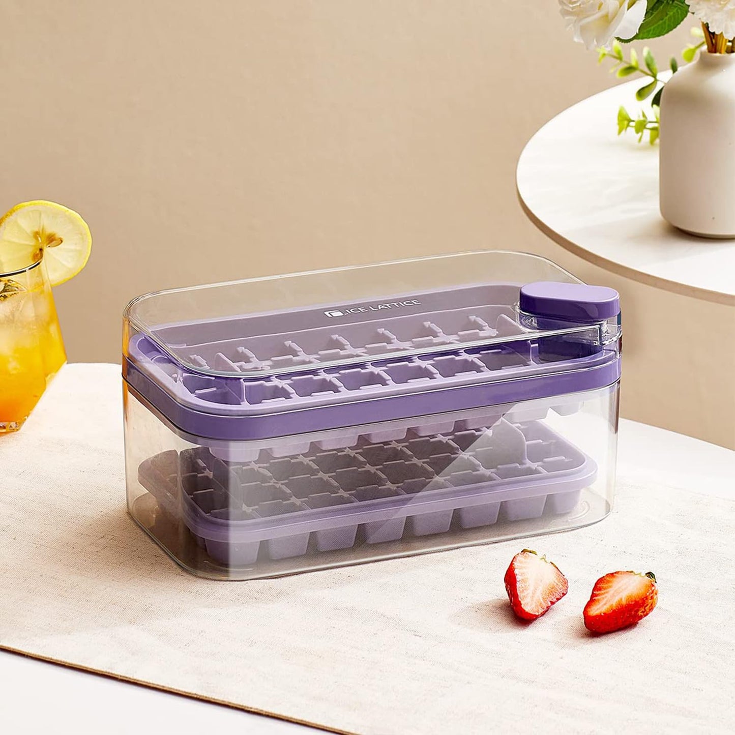 Pack of 6: 2 Layer Ice Cube Trays with Lid - 64 Molds for Easy Demolding | Includes Ice Scoop | Purple