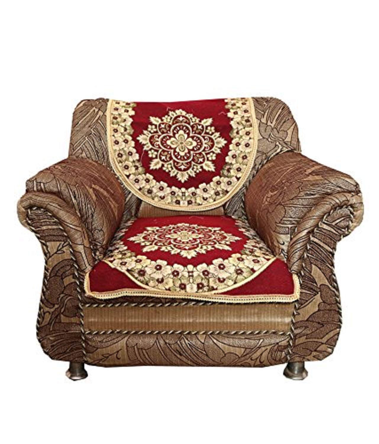 6 Piece Cotton Sofa Cover Set - Floral, Washable | Standard Size | Maroon | For Sofa & Chair
