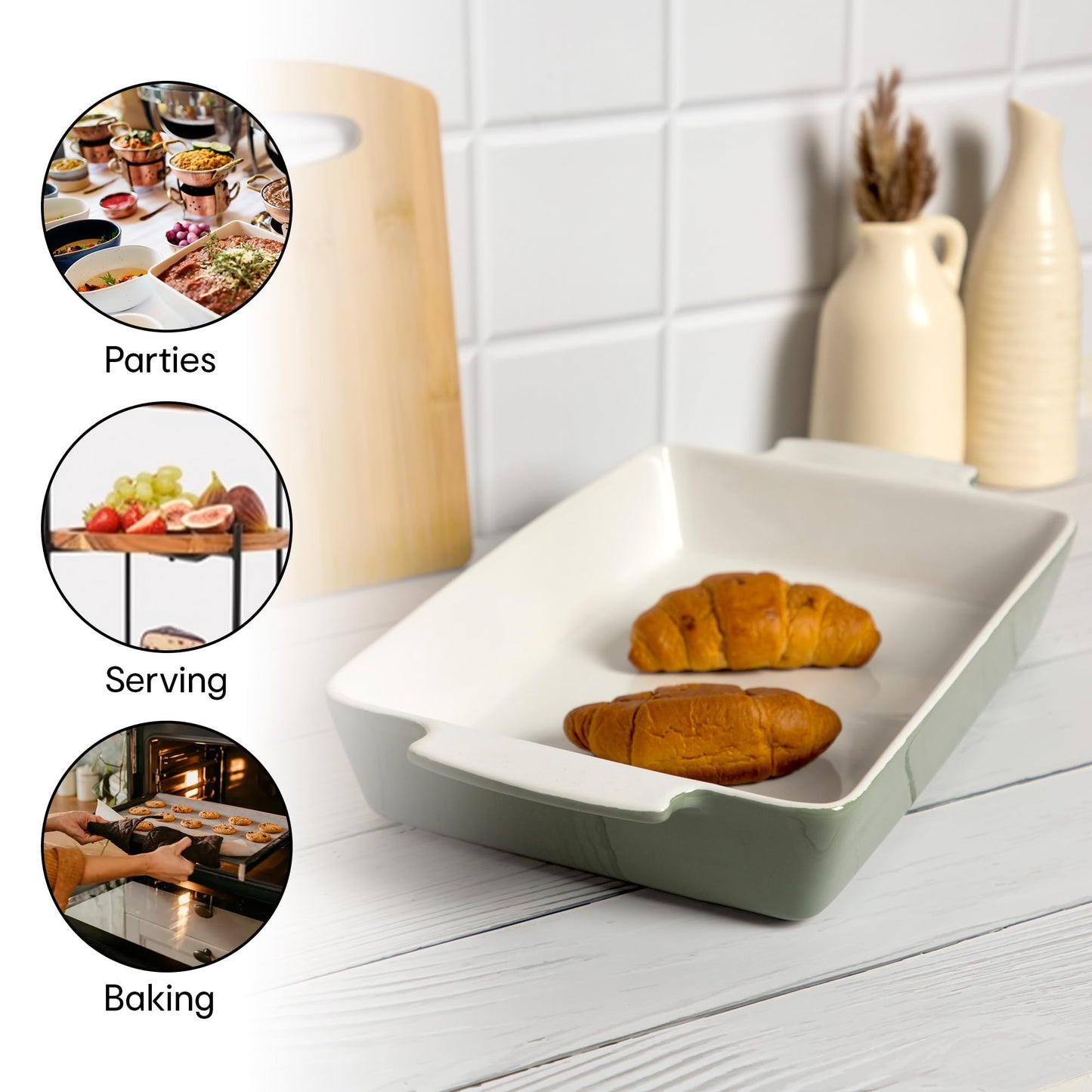 Rectangular Stoneware Baking Tray with Handles | Oven, Microwave, Dishwasher Safe | 6.7 x 42.5 x 24.5cm | Glazed