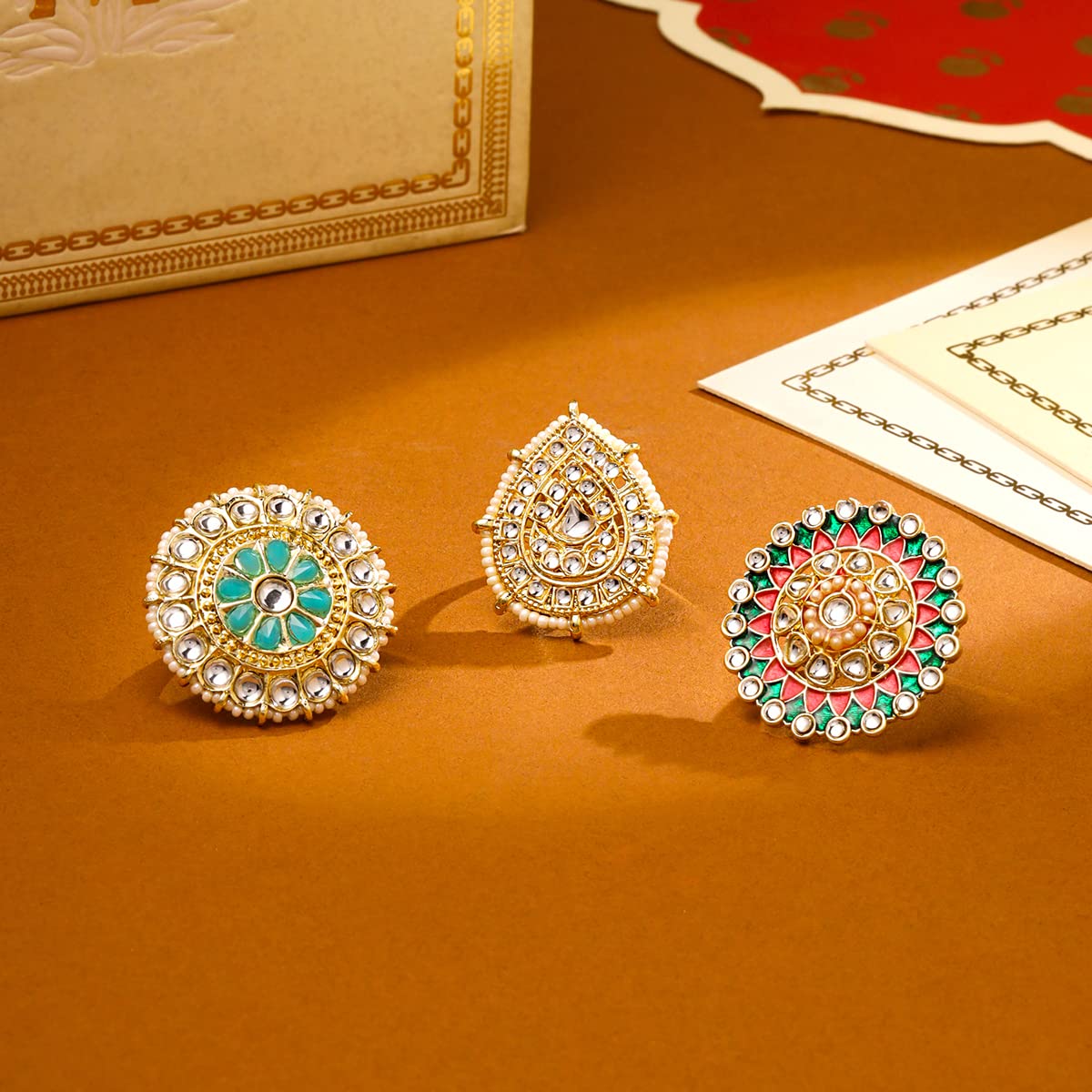 Yellow Chimes Kundan Rings Set - Perfect for festive occasions
