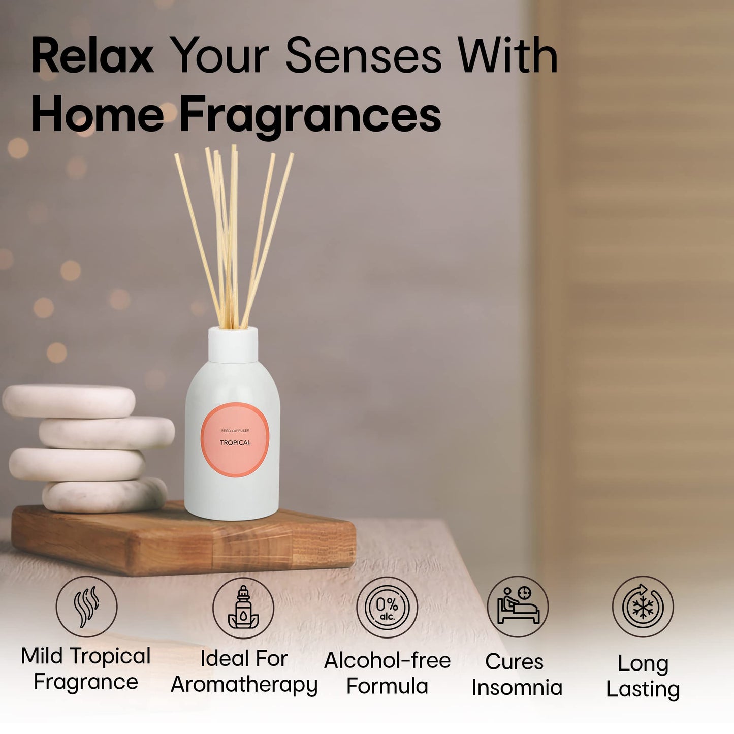 Combo: Spiced Noir Reed Diffuser Set - Alcohol-Free, Mild Tropical Fragrance | Glass Vessel & 8 Sticks | 150ml