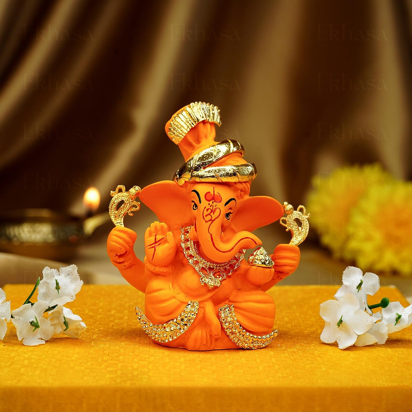 Ganesh Idol for Car Dashboard - Traditional Resin Statue | Perfect for Home Decor | Mango Color