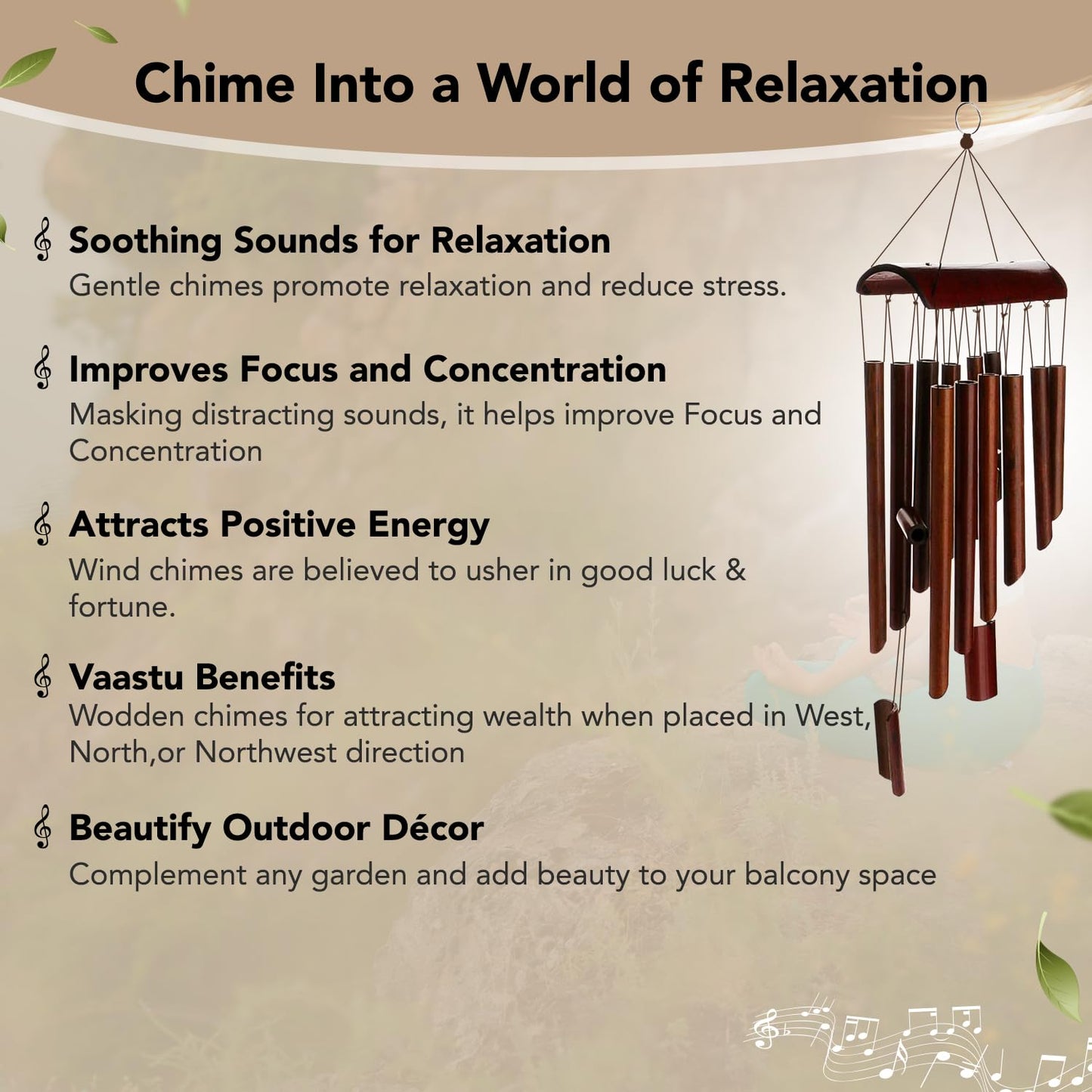 Ekhasa Positive Energy Bamboo Wind Chimes for Home, Balcony, Outdoor, Garden Decoration | Windchimes bells for Vastu, Feng Shui, Serene Music Sound & Positive Vibes | Wooden Windchime for Gift