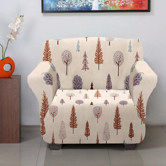Leaf Printed Polyester Sofa Cover - Stretchable, Non-Slip, Wear Resistant | Foam Stick Included | Cream