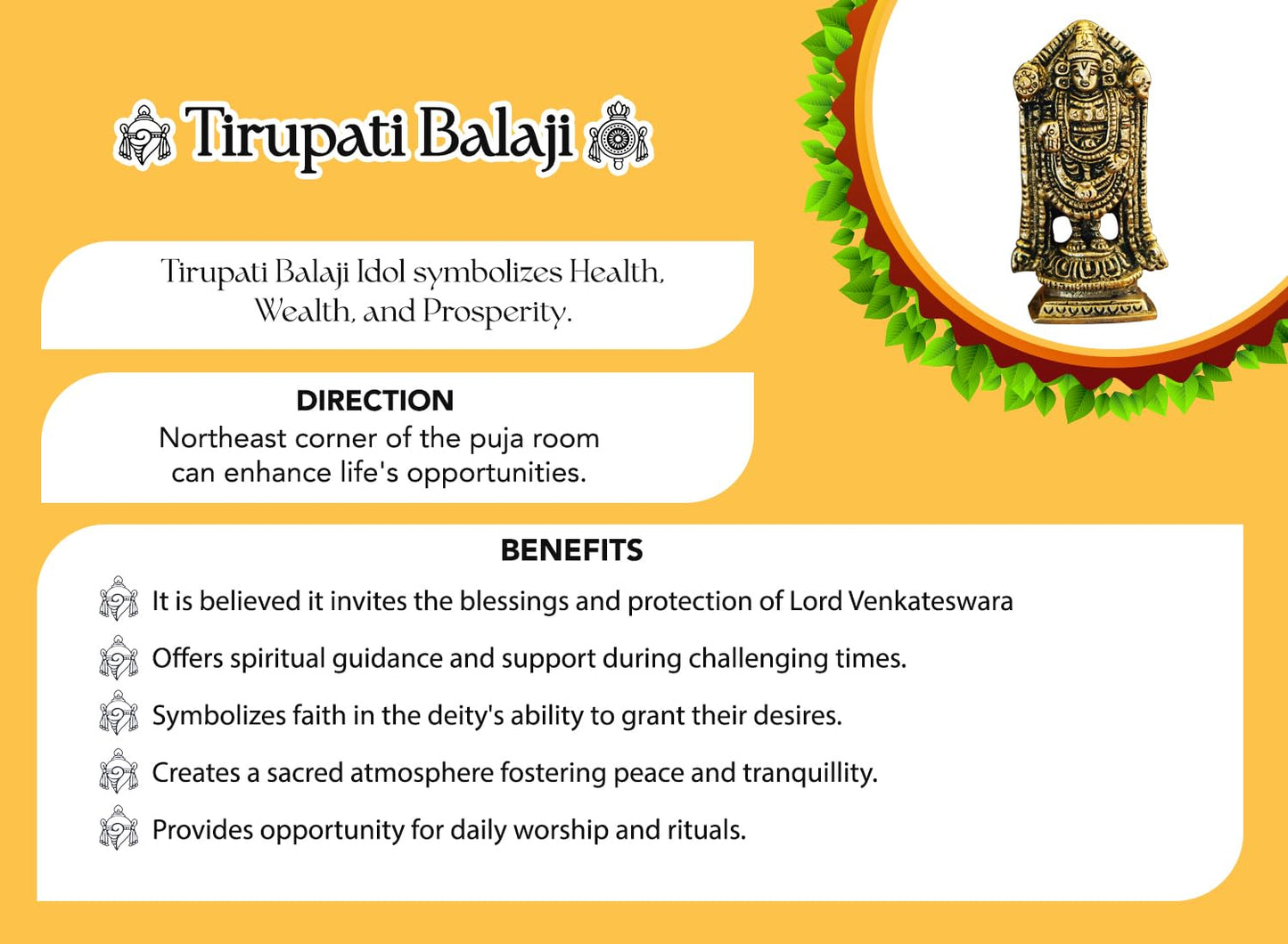 Brass Tirupati Balaji Idol - Traditional Design for Home Décor & Office Desk | 8.0 cm | Polished Brass